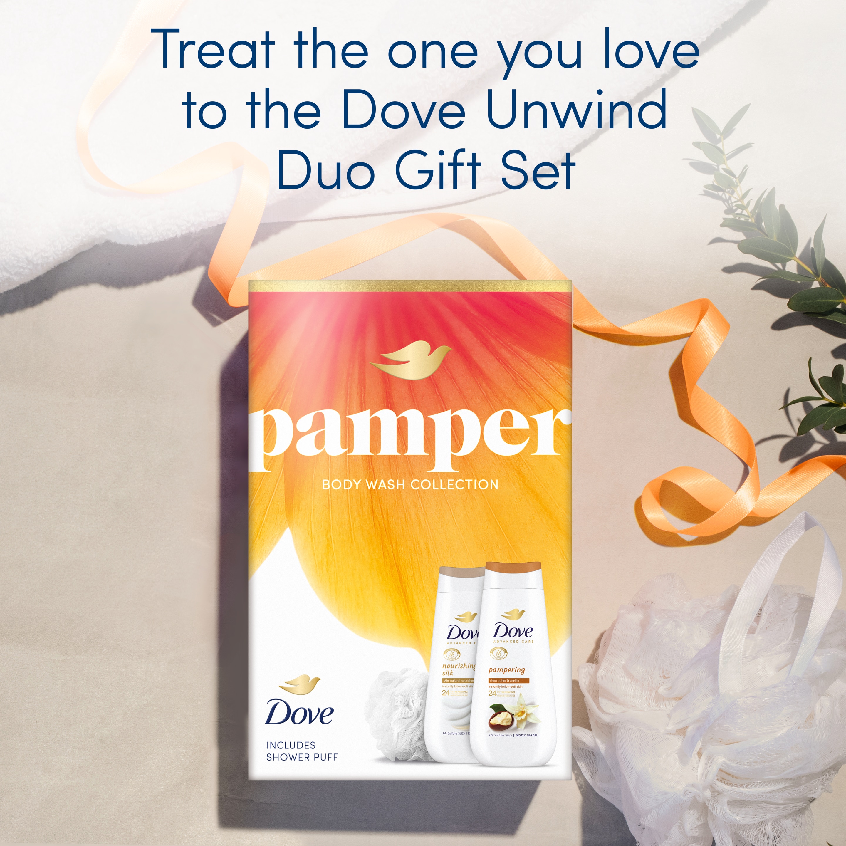 Unbranded Dove Pamper Duo with two body washes and a Shower Puff Gift Set perfect gifts for her 2 piece packshot