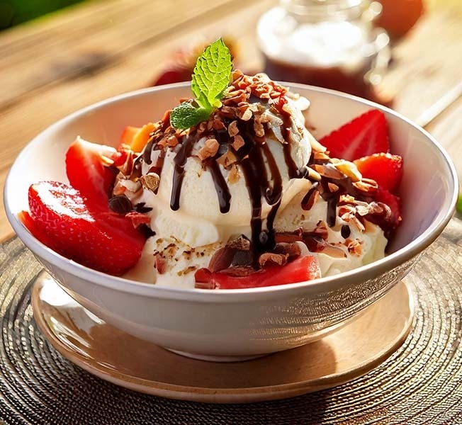 Bowl of ice cream garnished with chocolate syrup and crushed nuts.