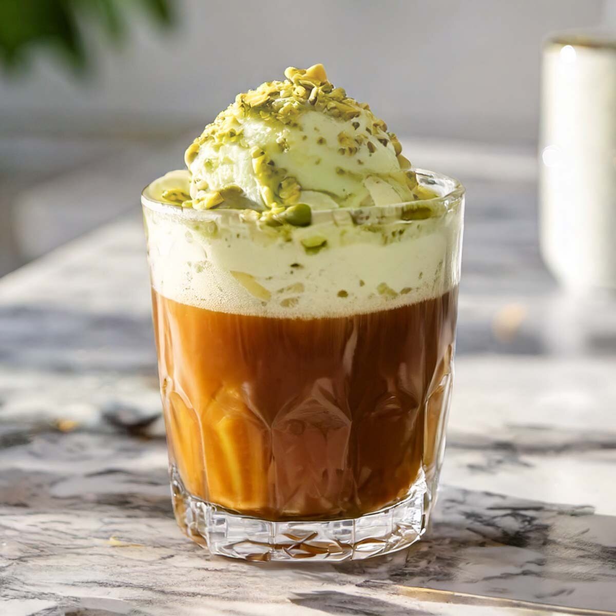 Pistachio affogato in a glass