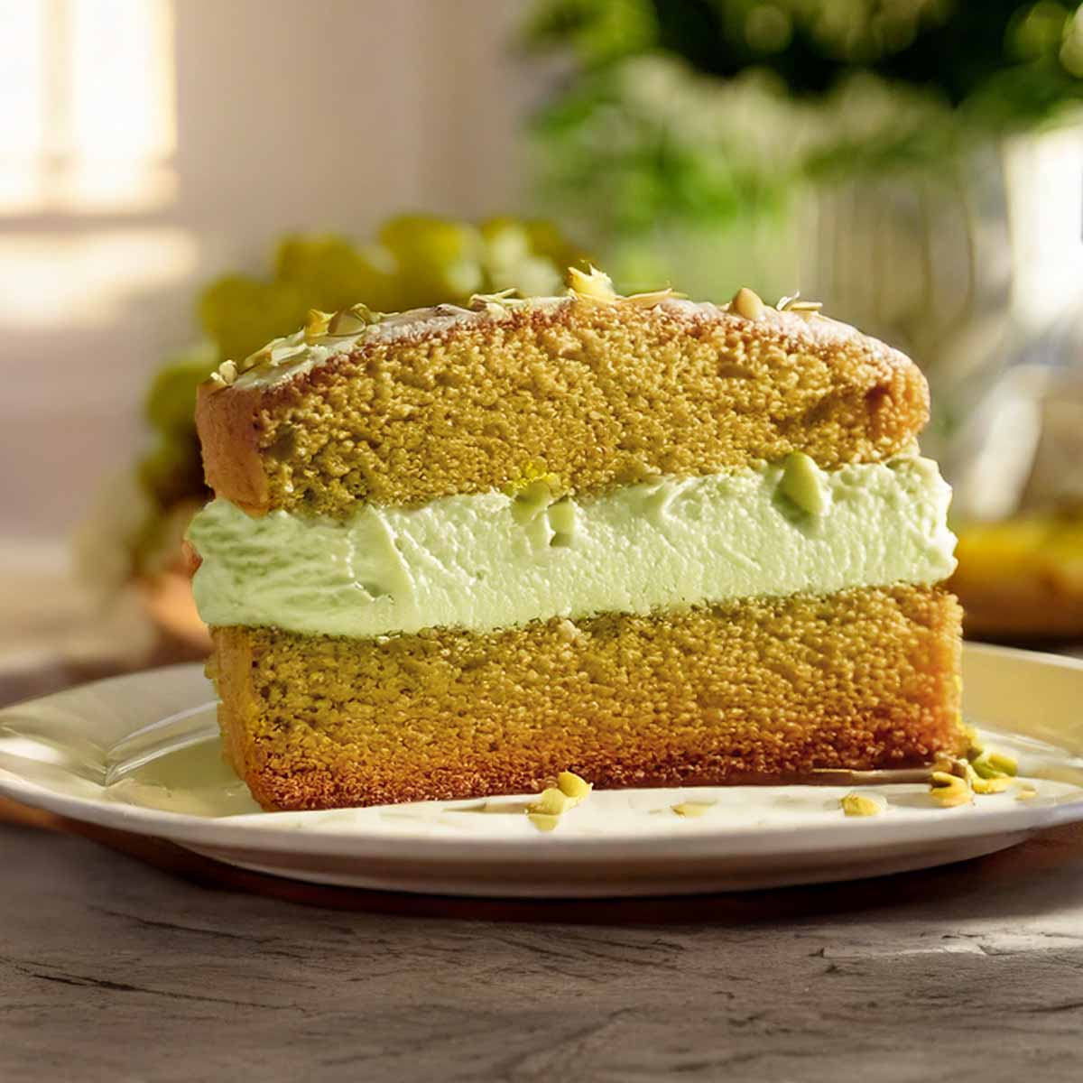 Slice of pistachio gelato cake
