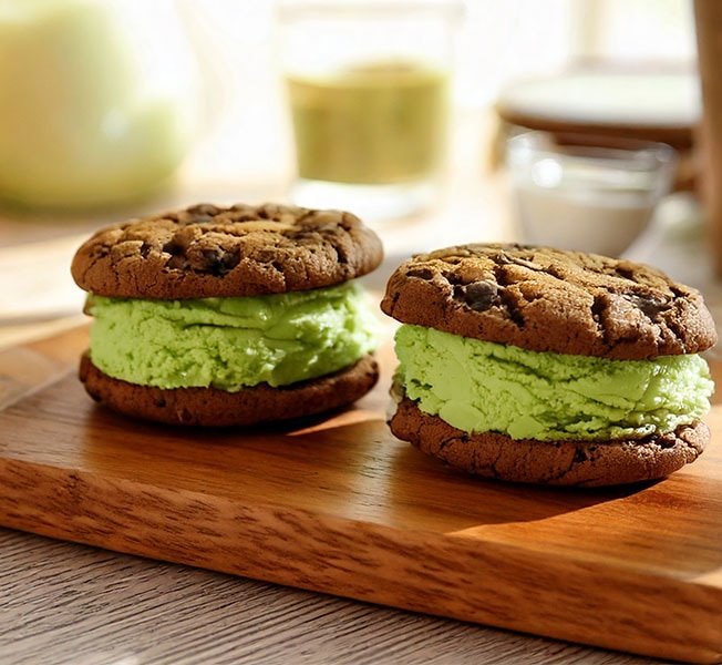 Matcha ice cream sandwiches on wooden board.