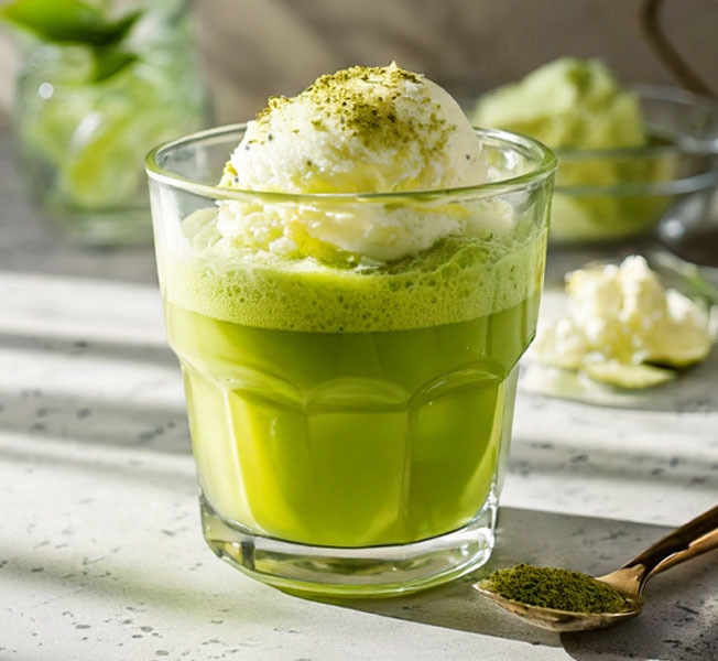 Matcha-flavored vanilla ice cream float.
