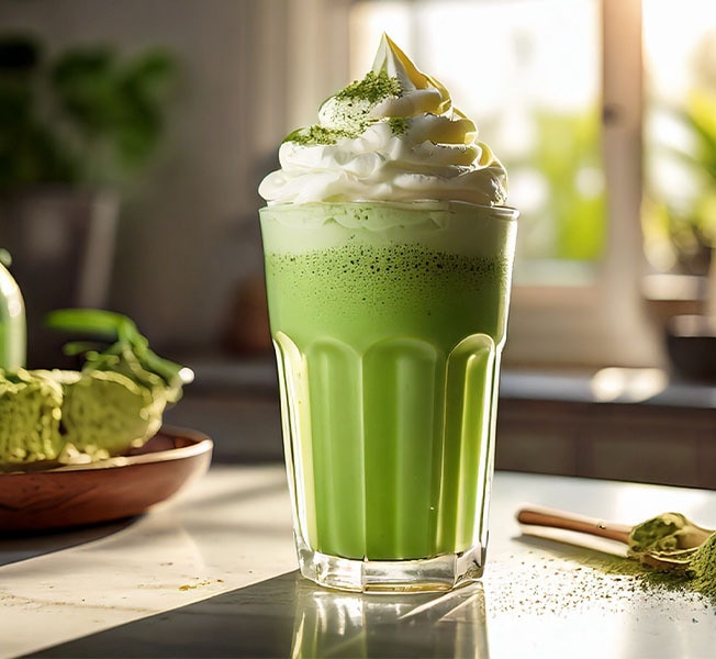Matcha plant-based milkshake in a glass.