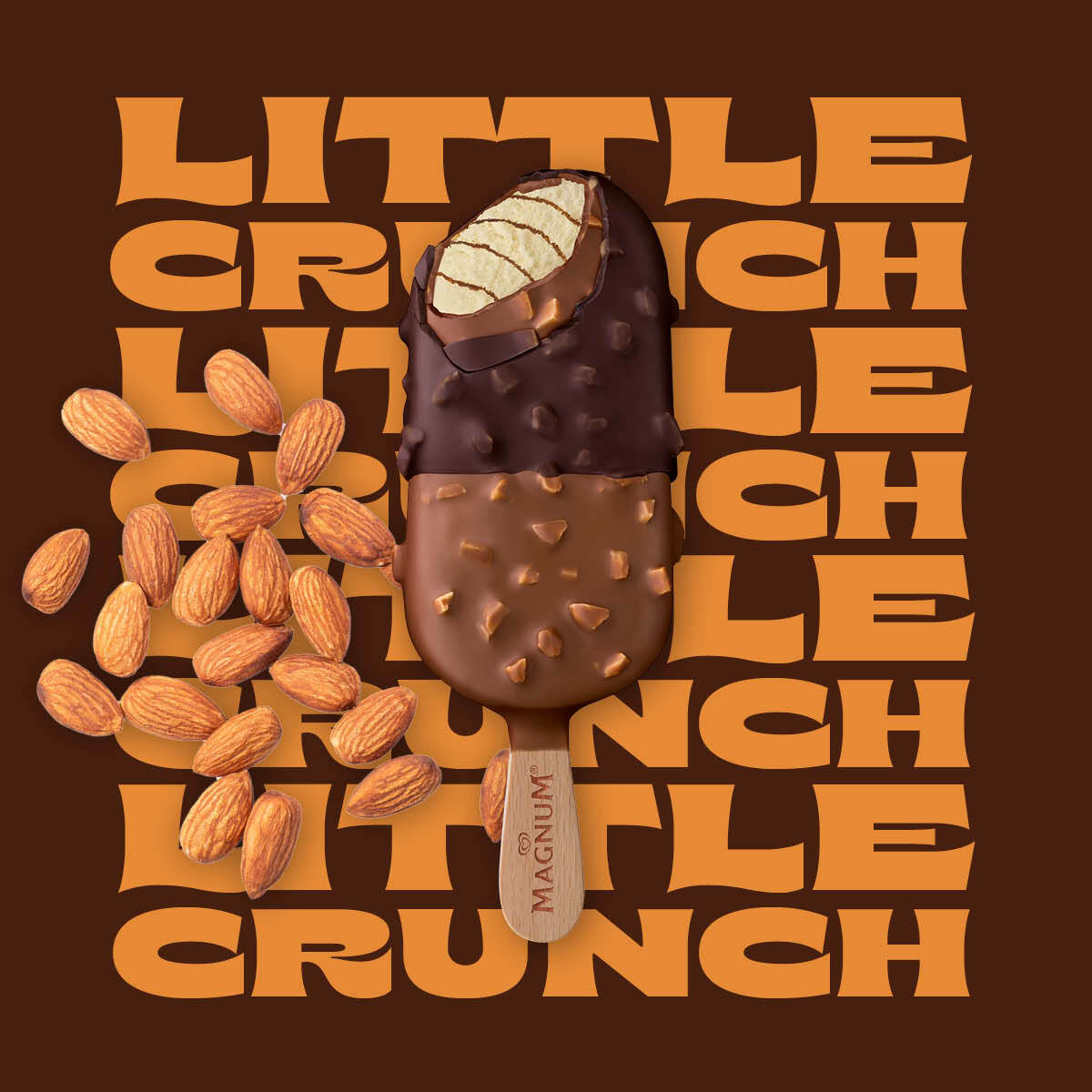Magnum Almond Duet on dark brown background.