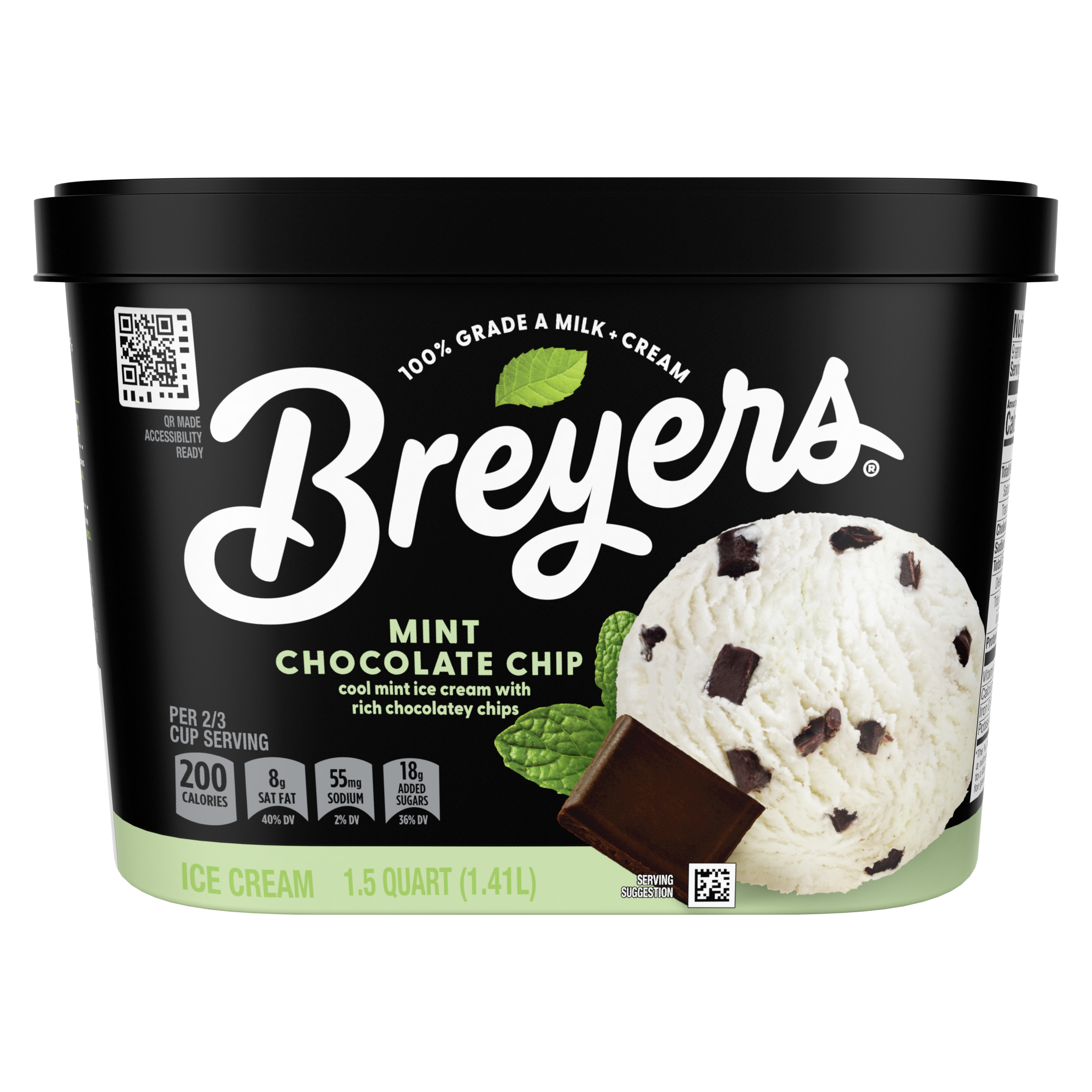 Un envase de 48 onzas de Breyers® Mint Chocolate Chip en la parte frontal del paquete