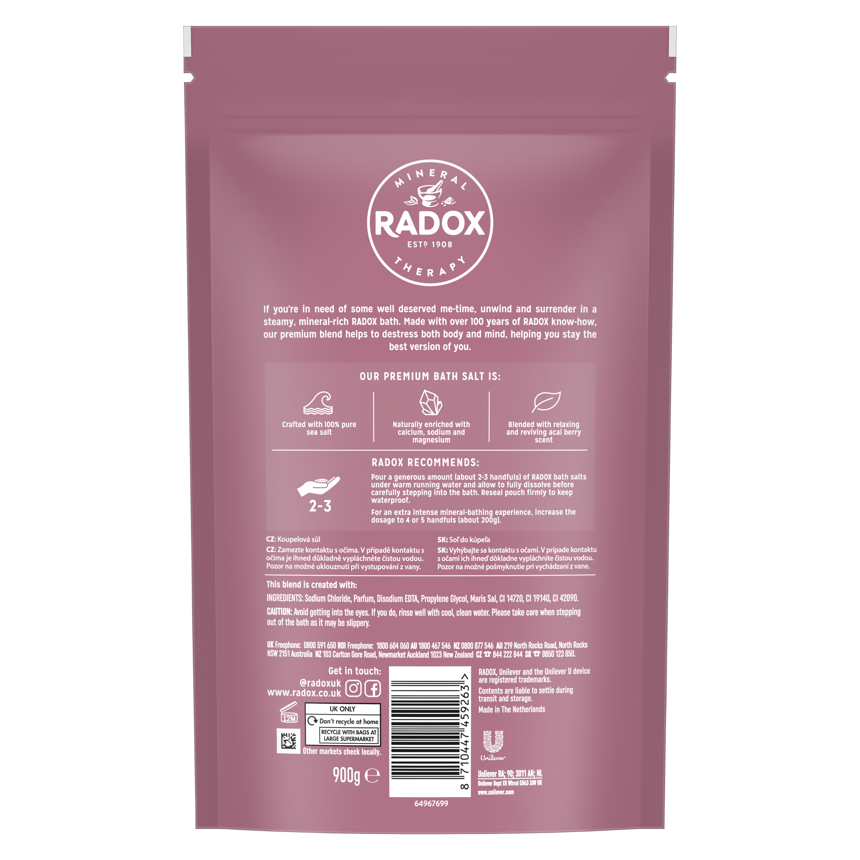 Radox Detoxed Bath Salts 900g with Acai Berry Scent