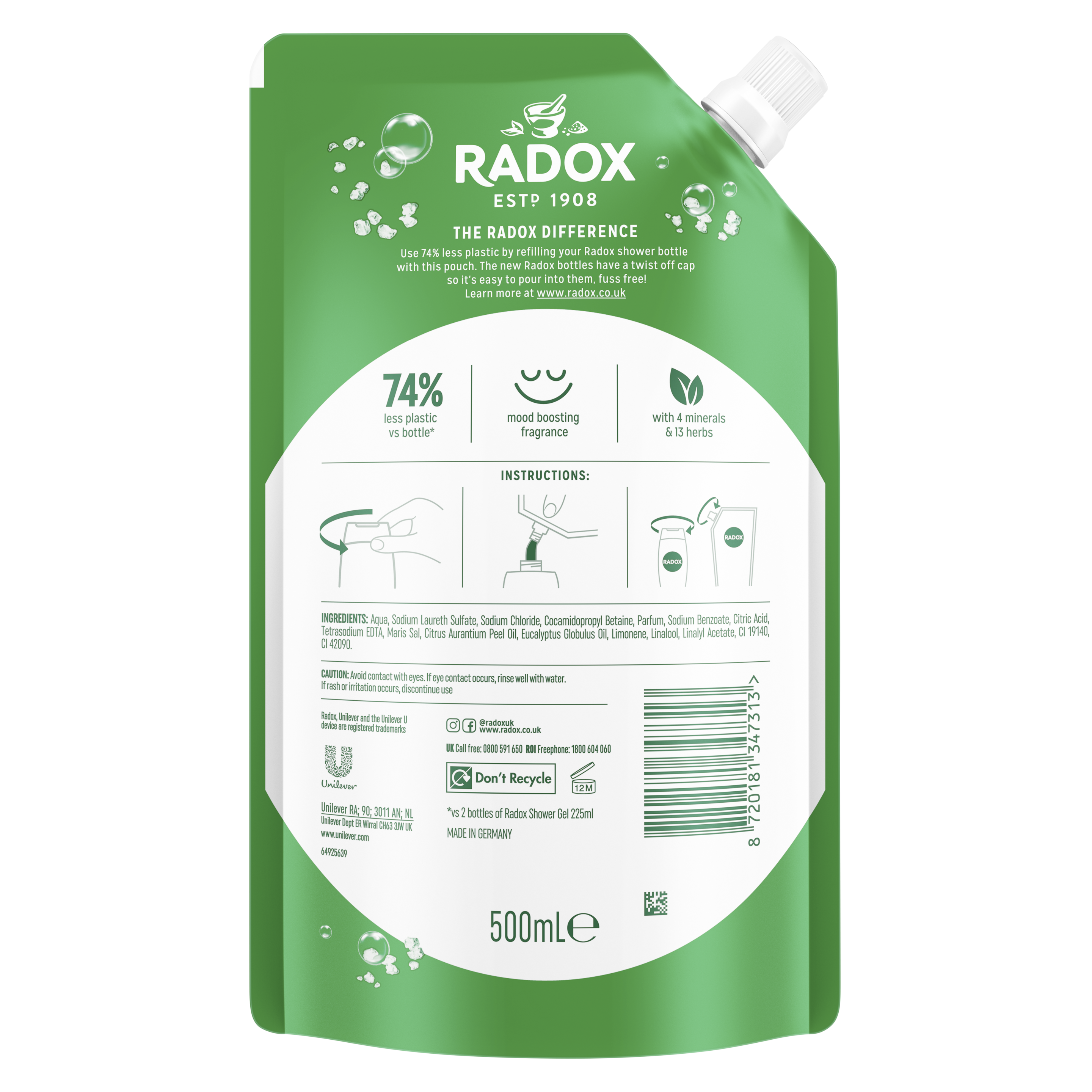 Radox Feel Refreshed Shower Gel Refill 500ml with Eucalyptus & Citrus