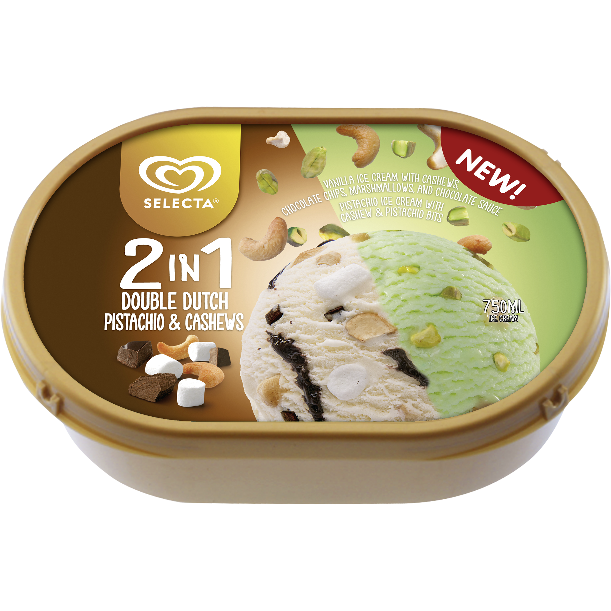 Selecta 2-In-1 Pistachio & Cashew + Double Dutch Ice Cream 750Ml