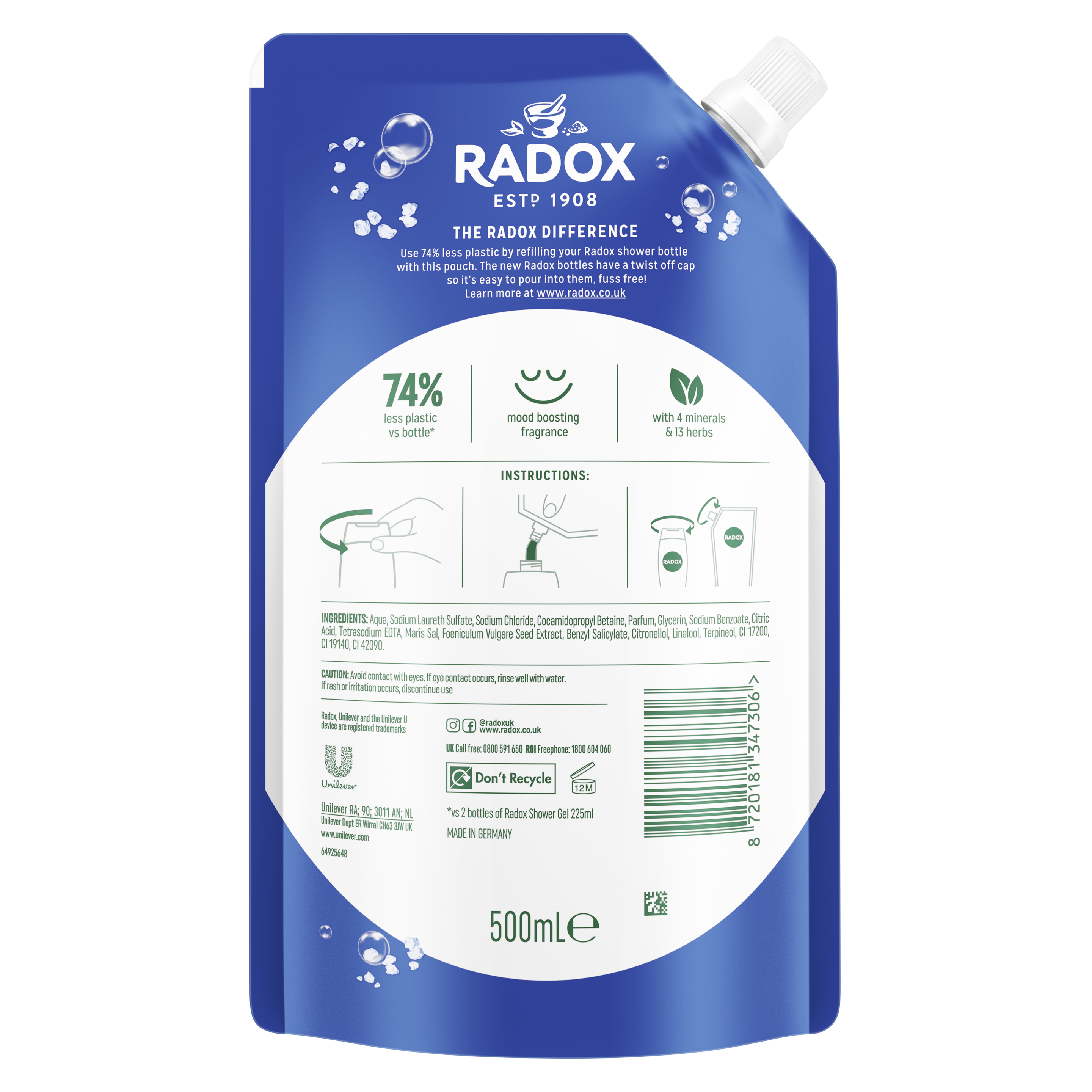 Radox Feel Awake 2-in-1 Shower Gel Refill 500ml with Sea Minerals & Fennel