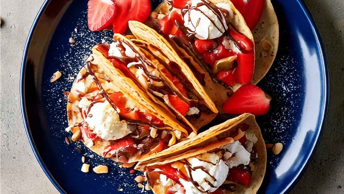 Ice cream tacos on blue plate with sliced strawberries