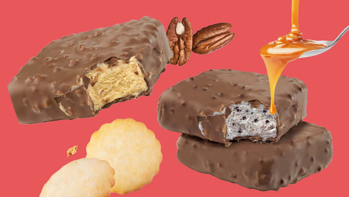 Crunchy ice cream bars, caramel sauce and shortbreads on red background