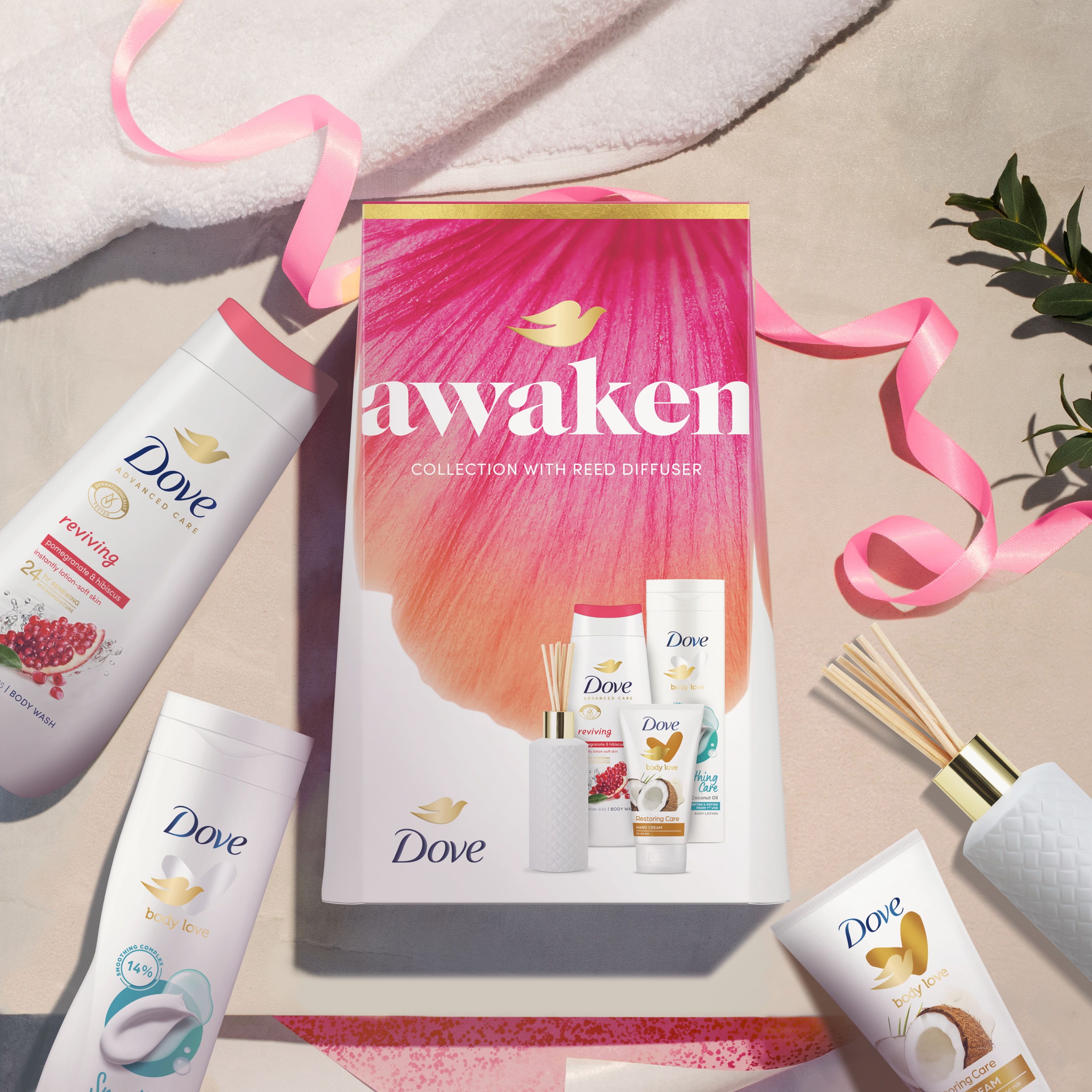 Unbranded Dove Awaken Collection with a body wash, a body lotion, a hand cream and a Reed Diffuser Gift Set perfect gifts for her 3 piece packshot