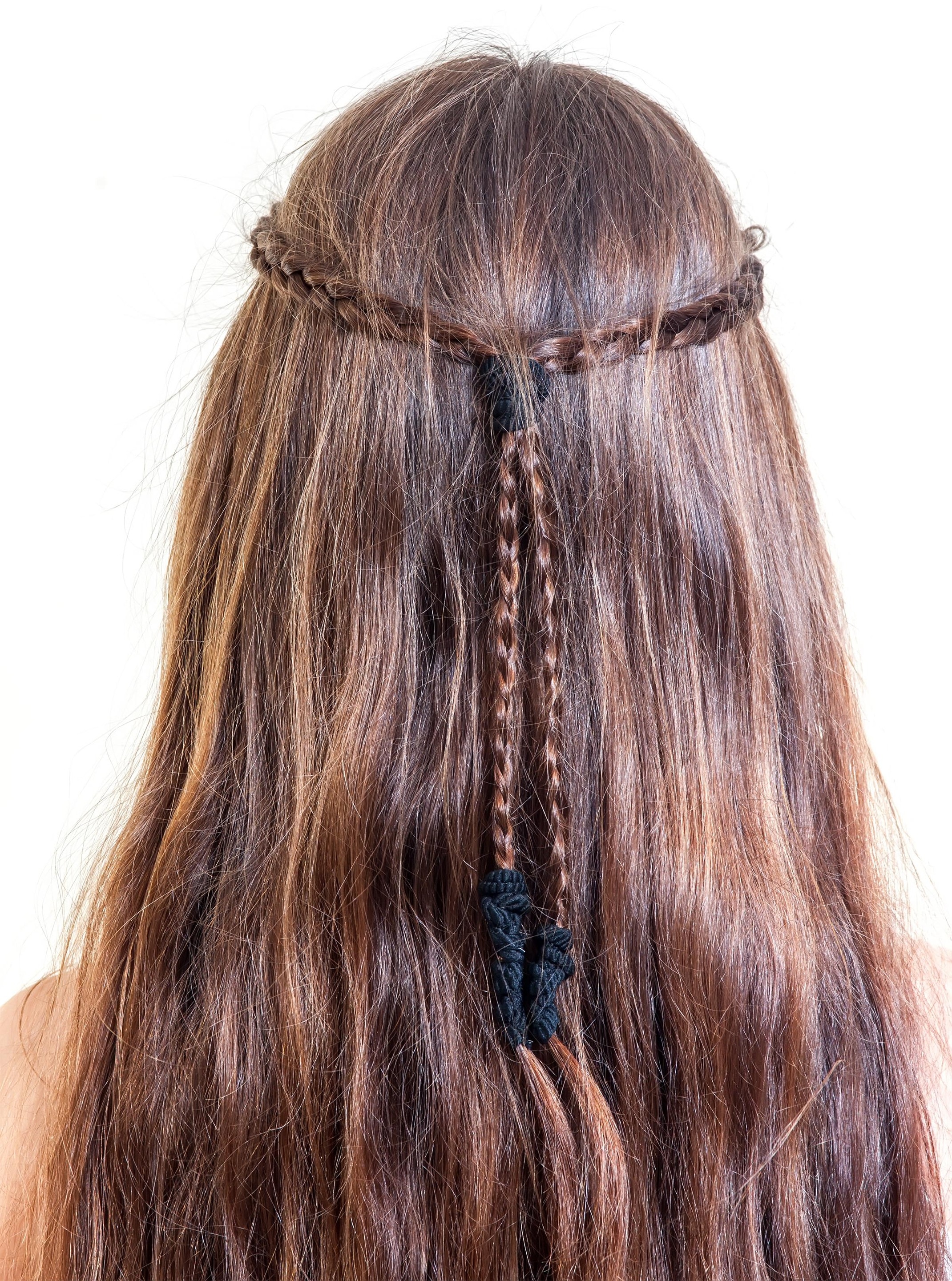 half-up braided hairstyle long brown hair