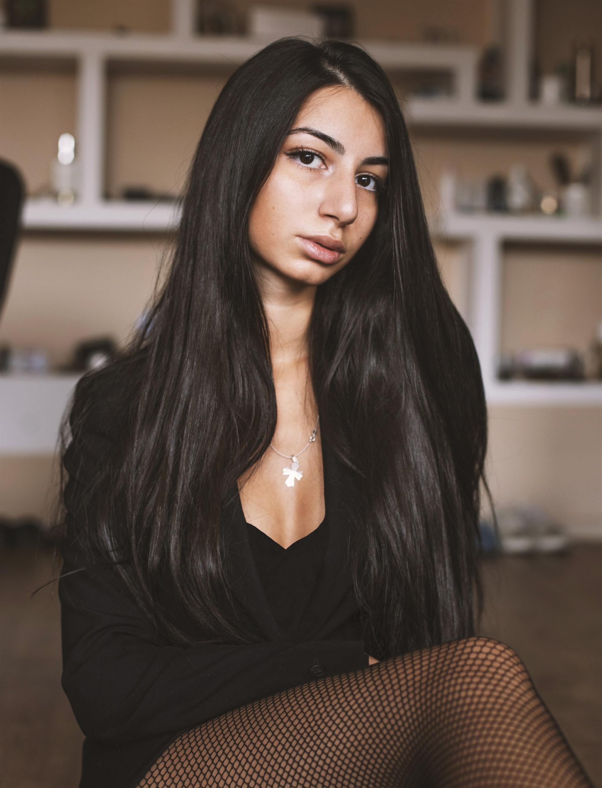 woman with long sleek brown hair