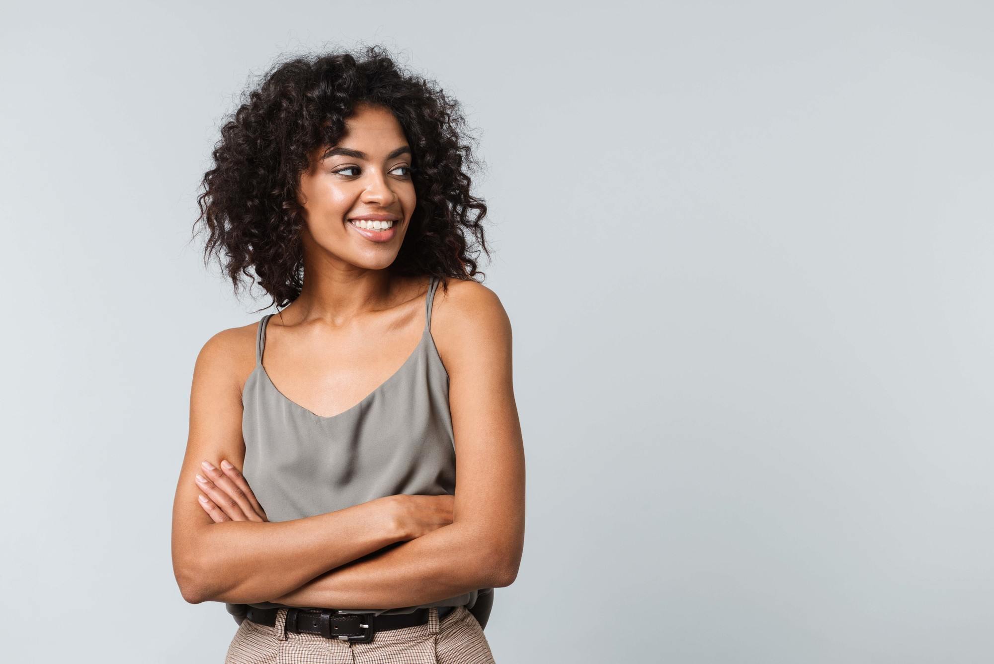 woman with medium length curly hair