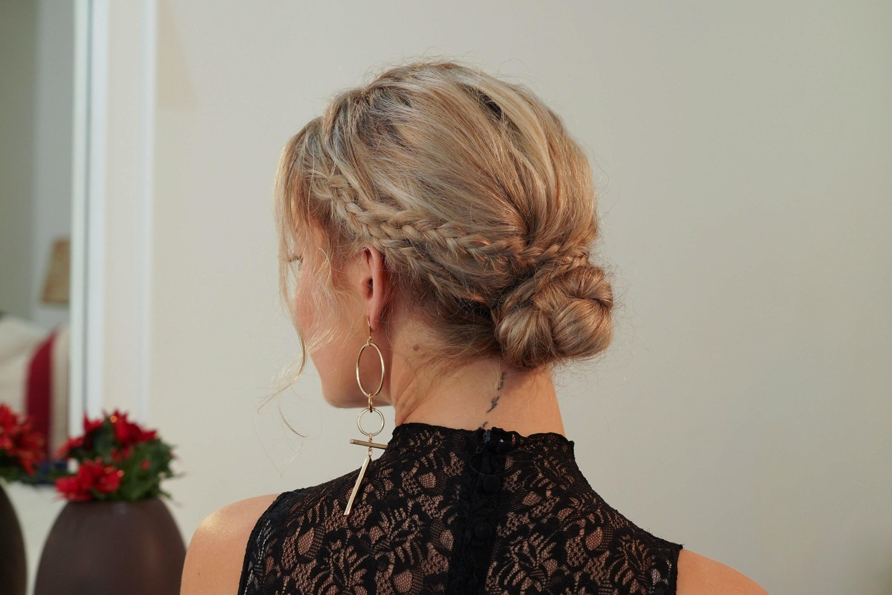 matric dance hairstyle braided bun sleek blonde hair