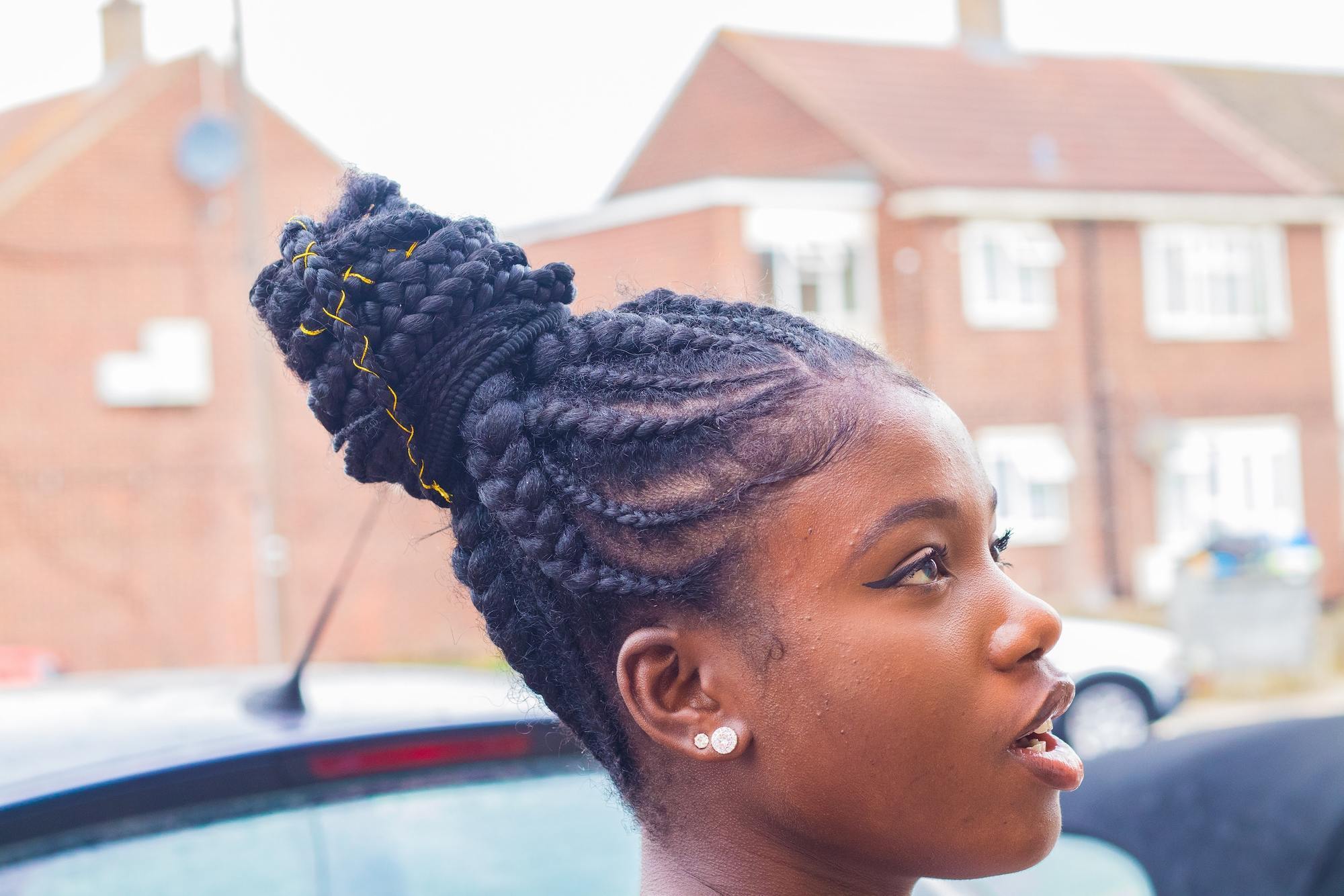 Woman with a cornrow updo