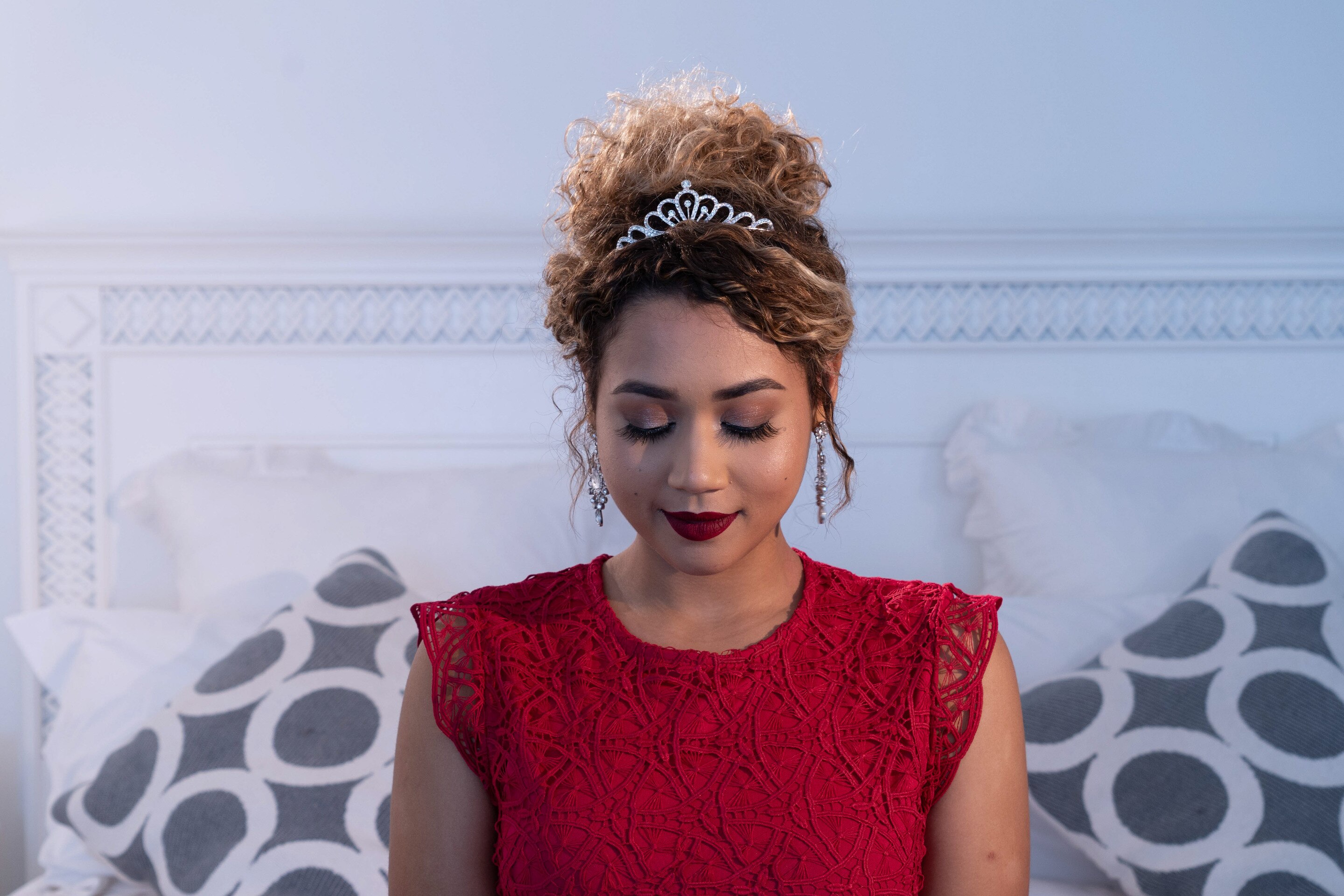 matric dance hairstyle curly hair tiara updo