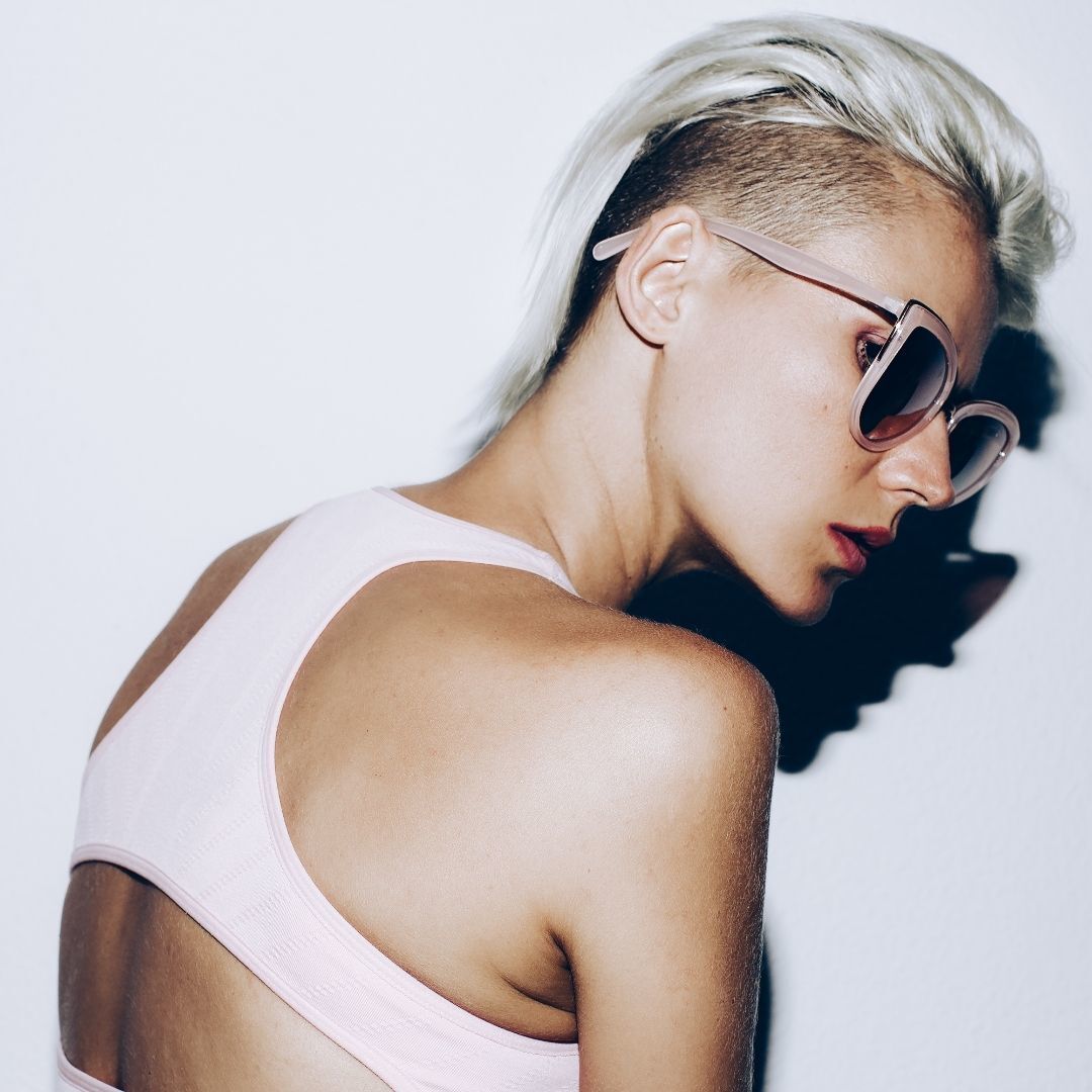 woman with platinum blonde edgy mullet