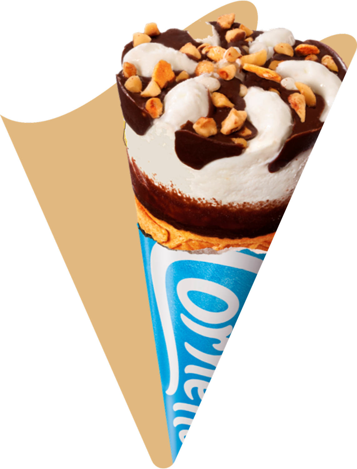 Cornetto ice cream cone with chocolate, caramel, and nuts in a decorative blue wrapper