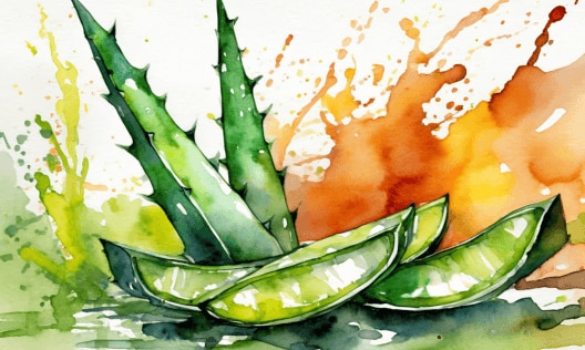 Watercolor illustration of the aloe vera plant and leaves