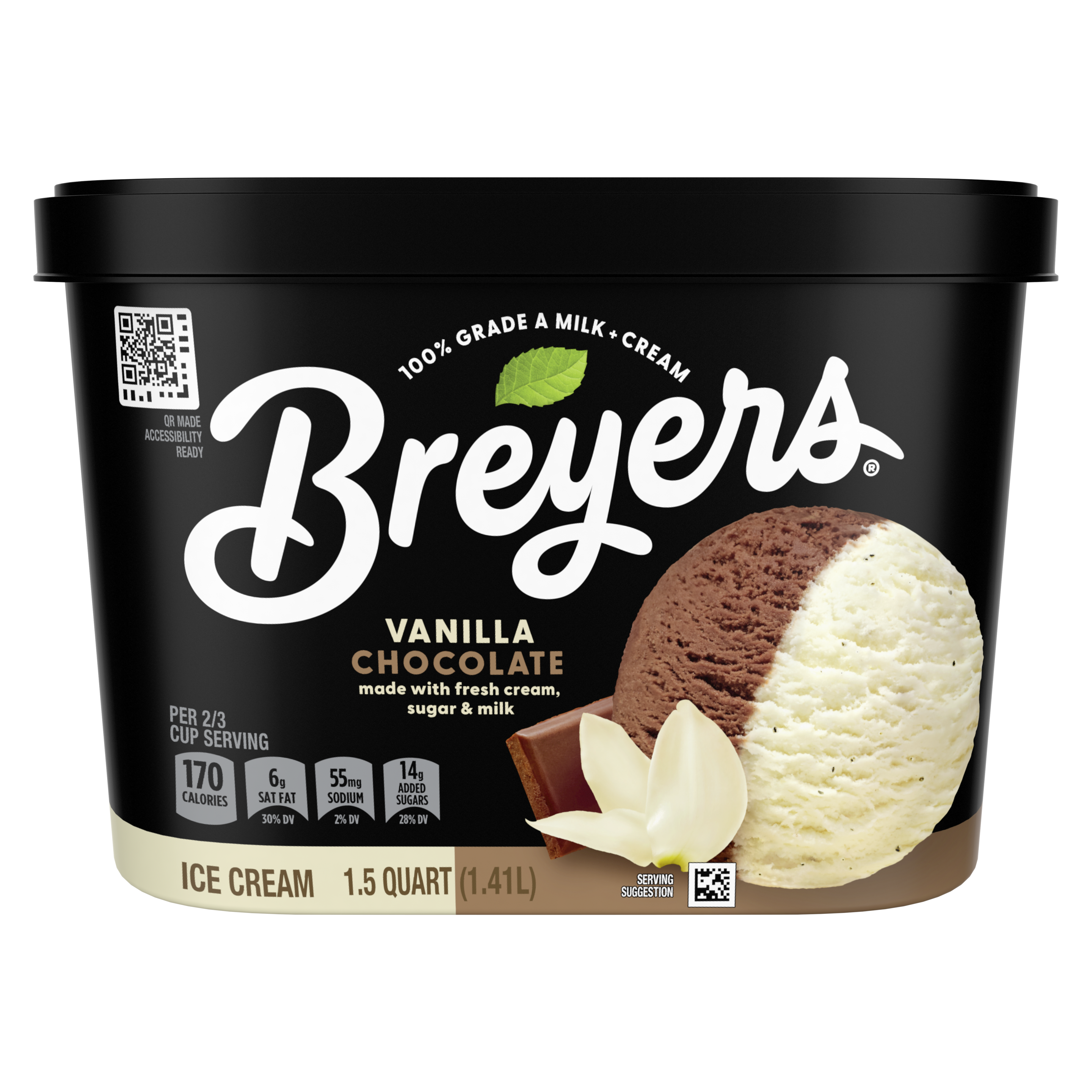 A 48 ounce tub of Breyers® Vanilla Chocolate front of pack