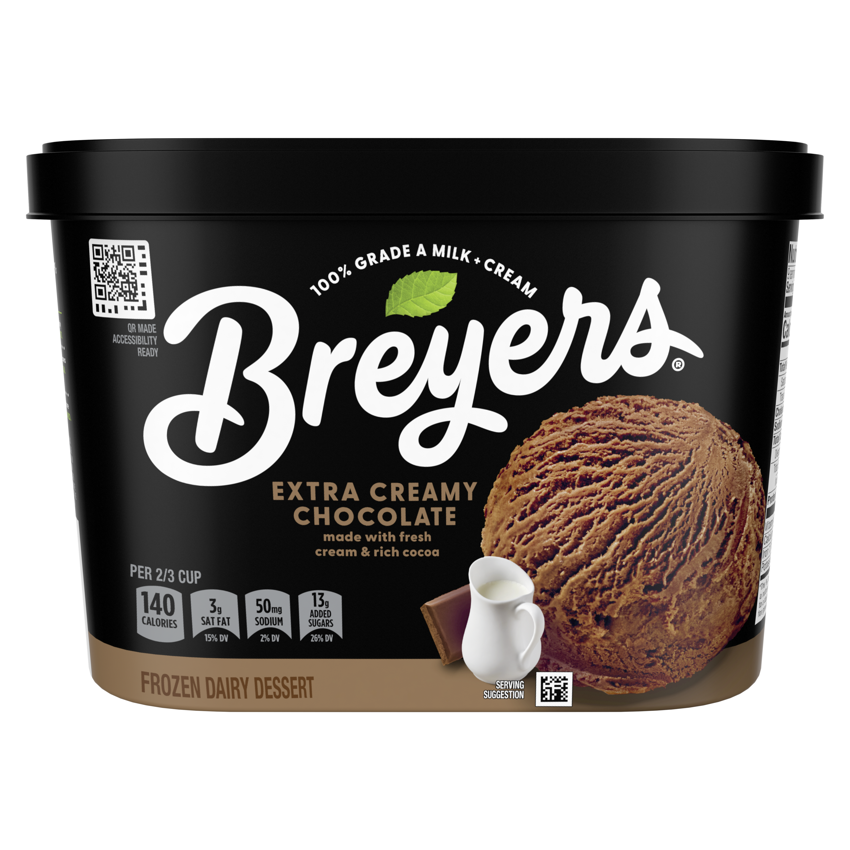 Un envase de 48 onzas de Breyers® Extra Creamy Chocolate en la parte frontal del paquete