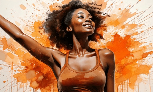 Young woman with her arms in the air celebrating underarms free of dark spots