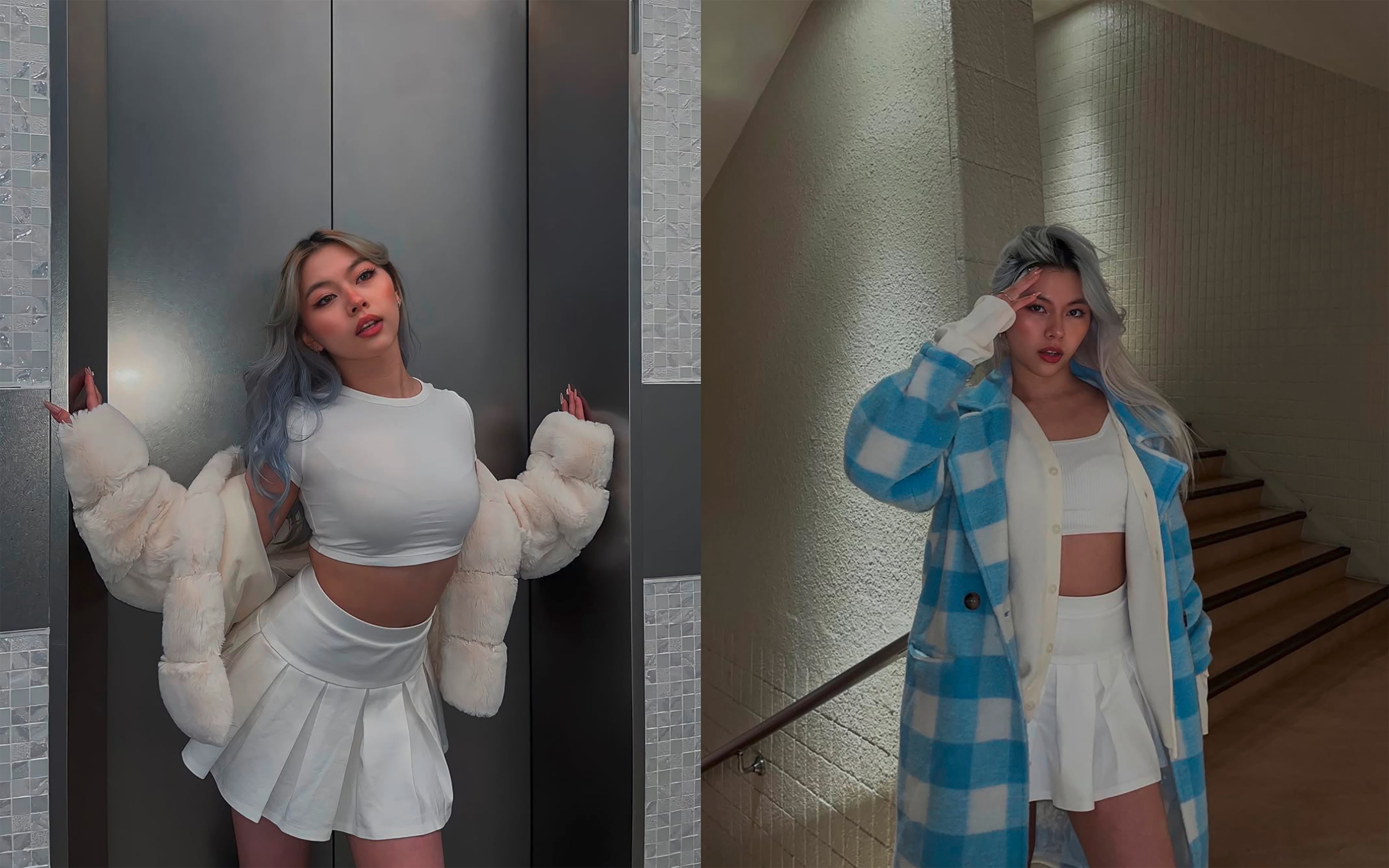 Woman wearing a tennis skirt.