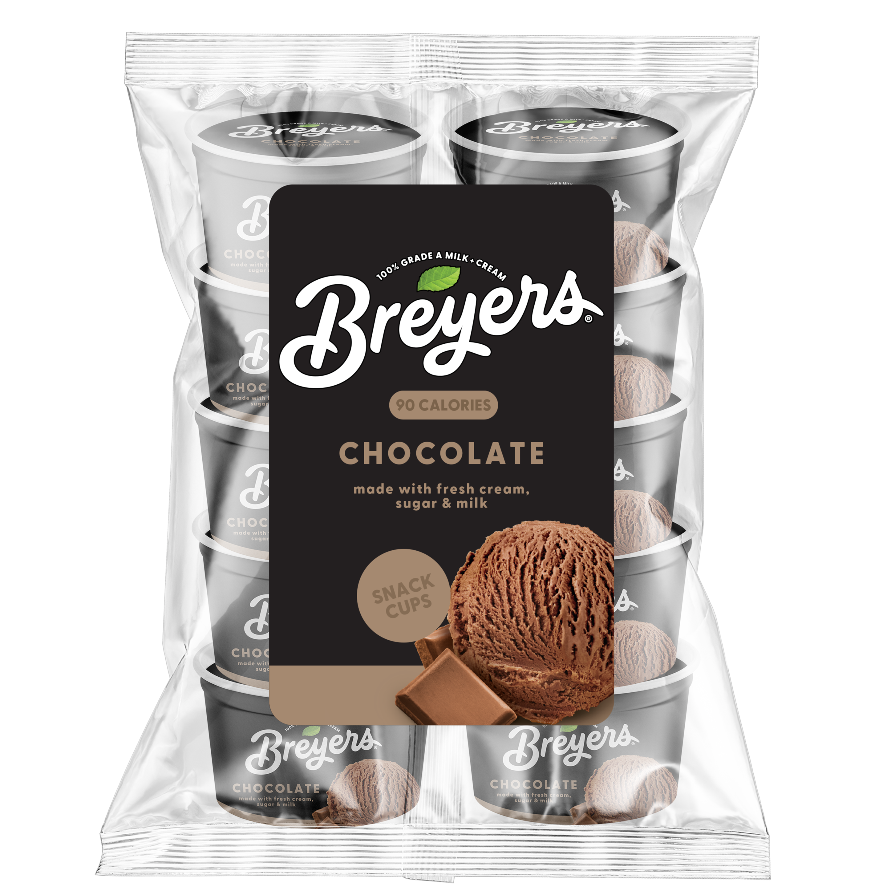 A 10 count bag of 3 ounce cups tub of Breyers® Chocolate Snack Cups simple pack image packshot