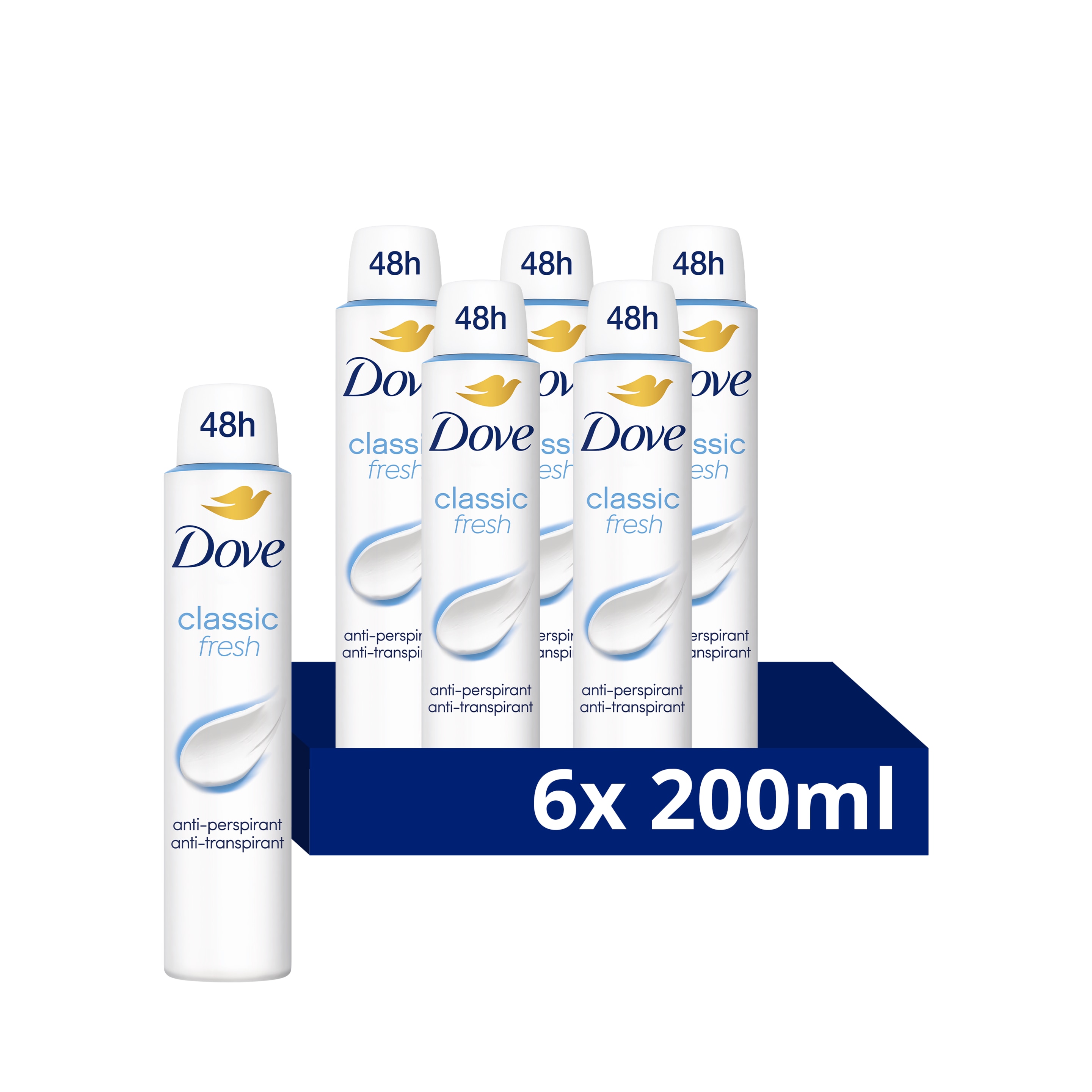 Dove Classic Fresh Anti-Perspirant Aerosol Women's Deodorant Spray with ¼ moisturising cream for 48 hour sweat and odour protection 6x 200 ml packshot