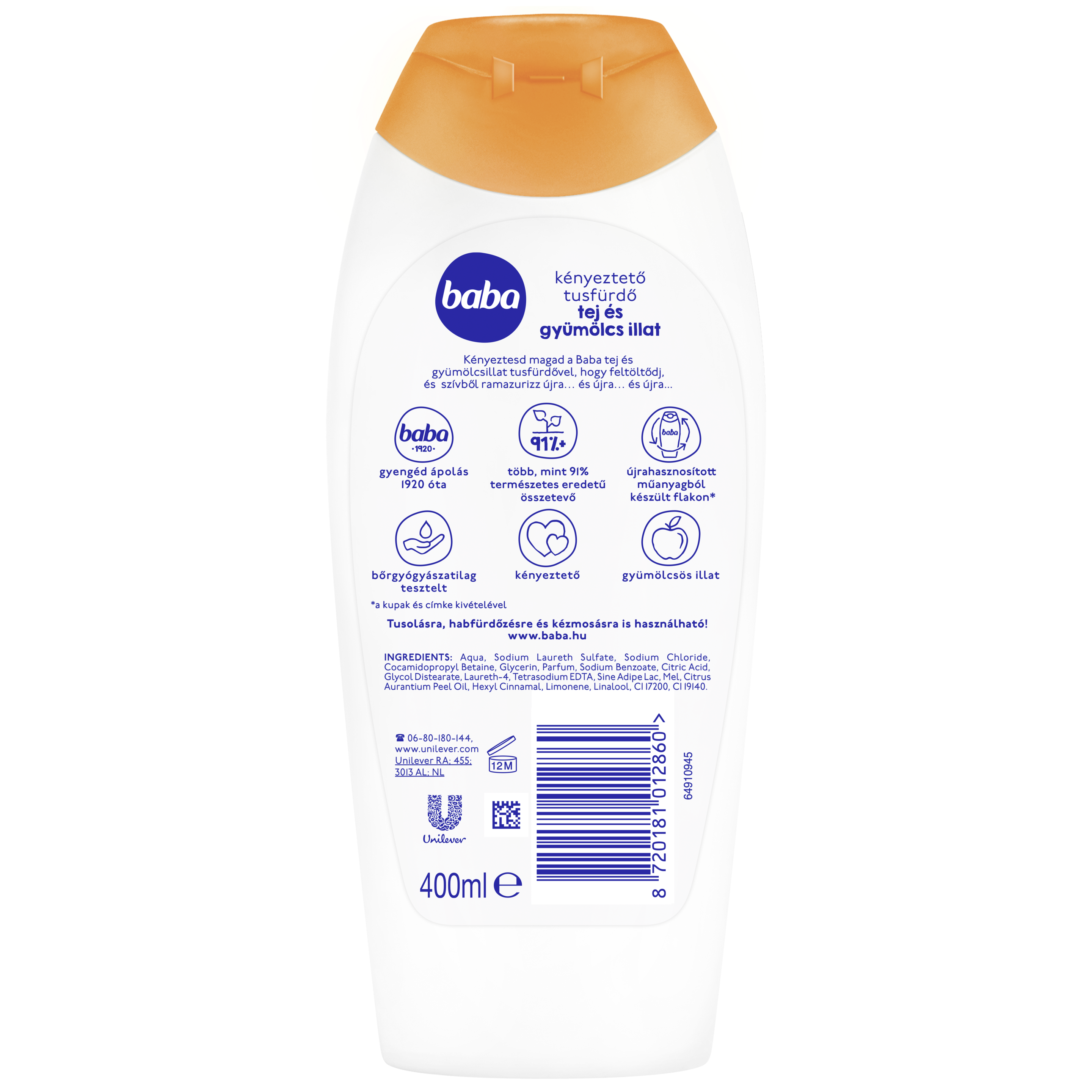 Baba kényeztető tusfürdő tej és gyümölcs illat 400 ml