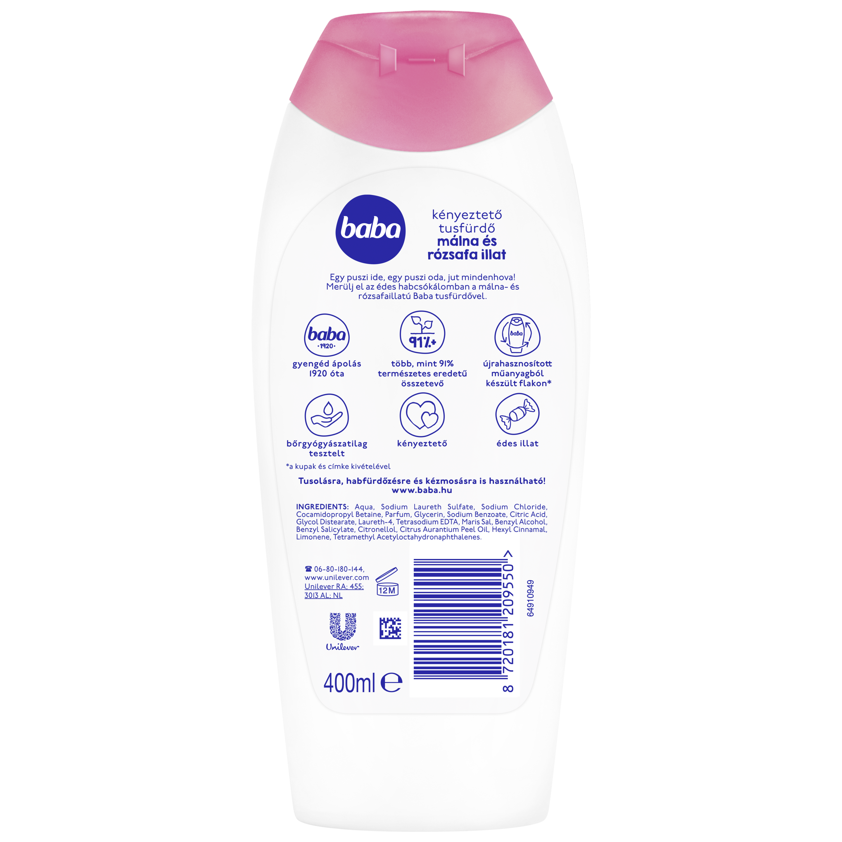 Baba kényeztető tusfürdő málna és rózsafa 400 ml