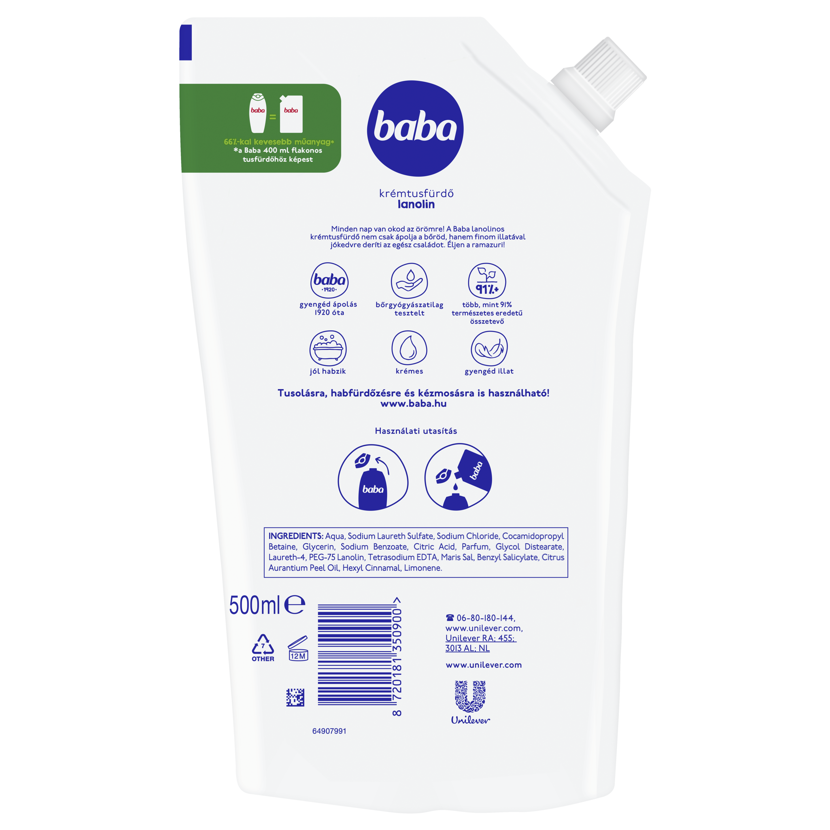 Baba krémtusfürdő utántöltő lanolin 500 ml