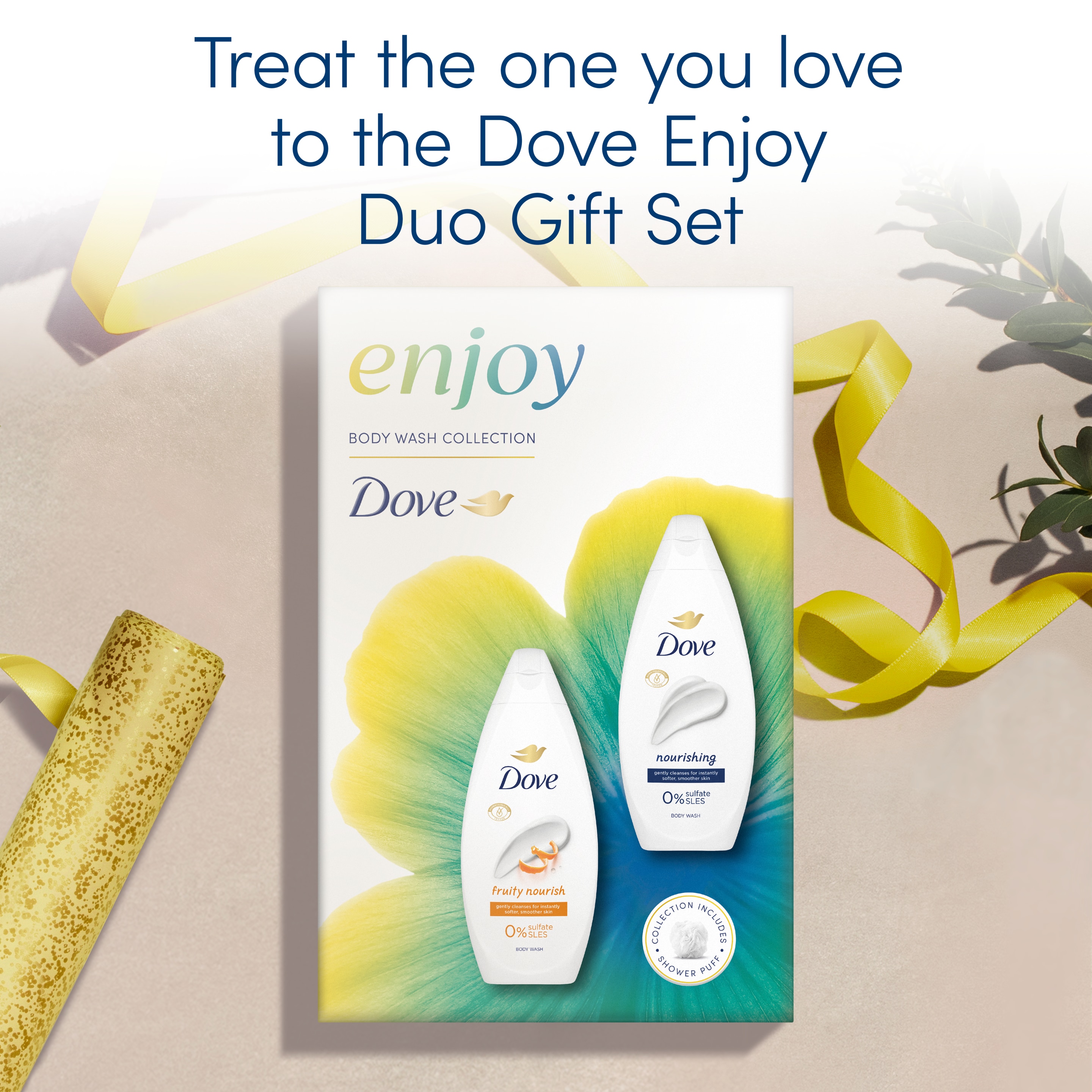 Unbranded Dove Enjoy Duo with two body washes and a Shower Puff Gift Set perfect gifts for her 2 piece packshot