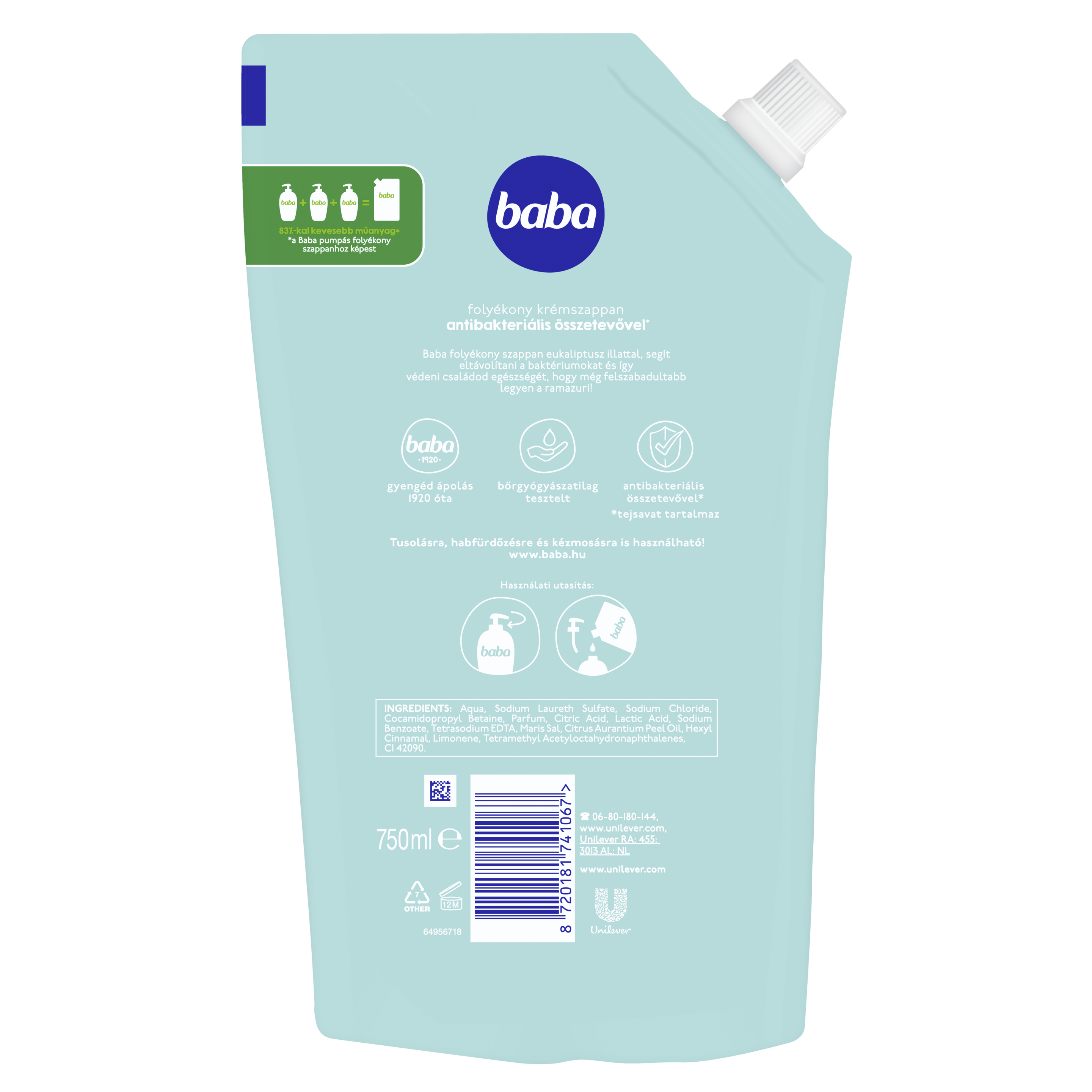 Baba folyékony szappan utántöltő antibakteriális* eukaliptusz 750 ml