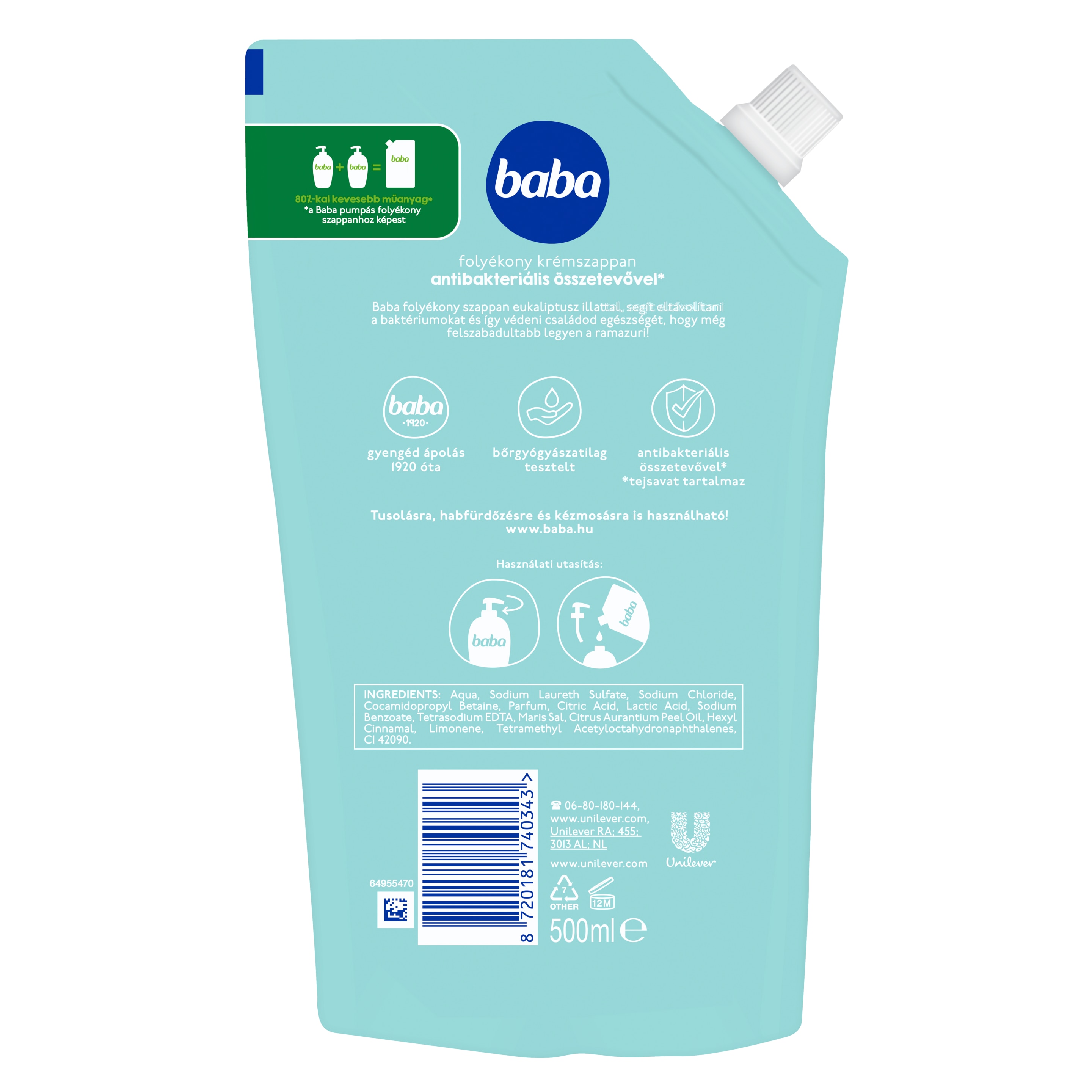 Baba folyékony szappan utántöltő antibakteriális* eukaliptusz 500 ml