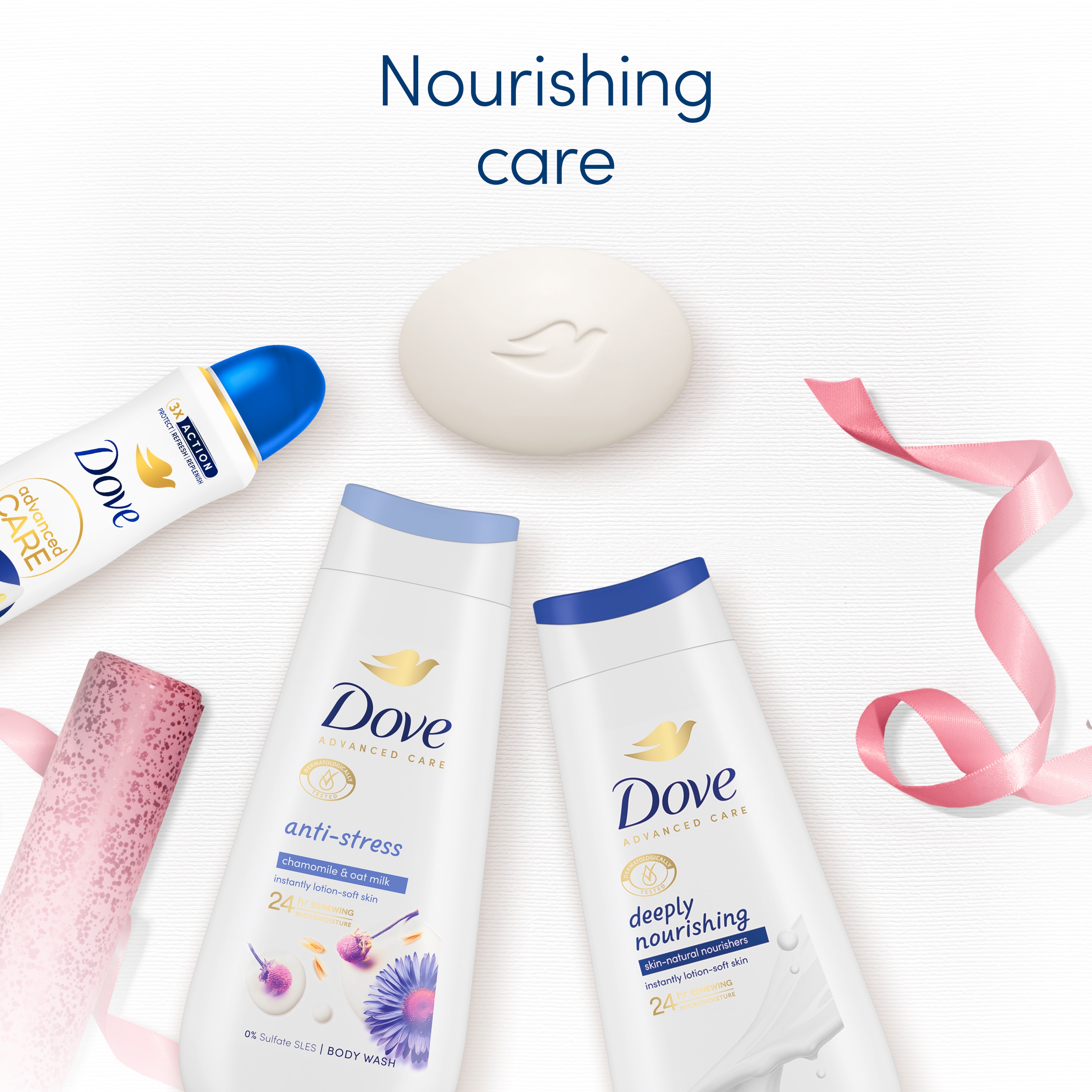 Dove  Discover Favourites Selection with two body washes, an anti-perspirant, a beauty bar and a Beauty Pouch Gift Set perfect gifts for her 4 piece packshot