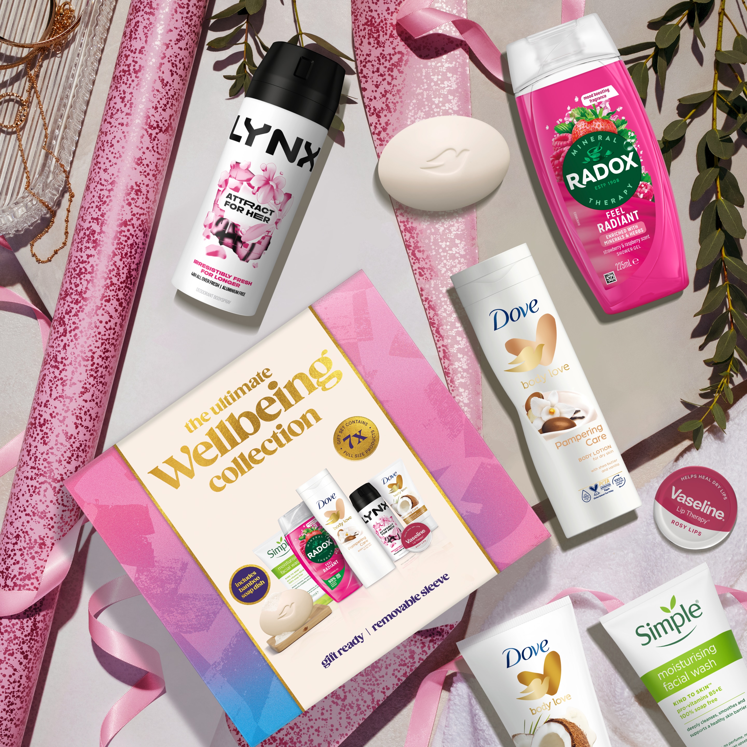 Unbranded Dove, Simple, Radox, Lynx, Vaseline Ultimate Wellbeing Collection with seven beauty products and a bamboo soap dish Gift Set perfect gifts for her 7 pc packshot