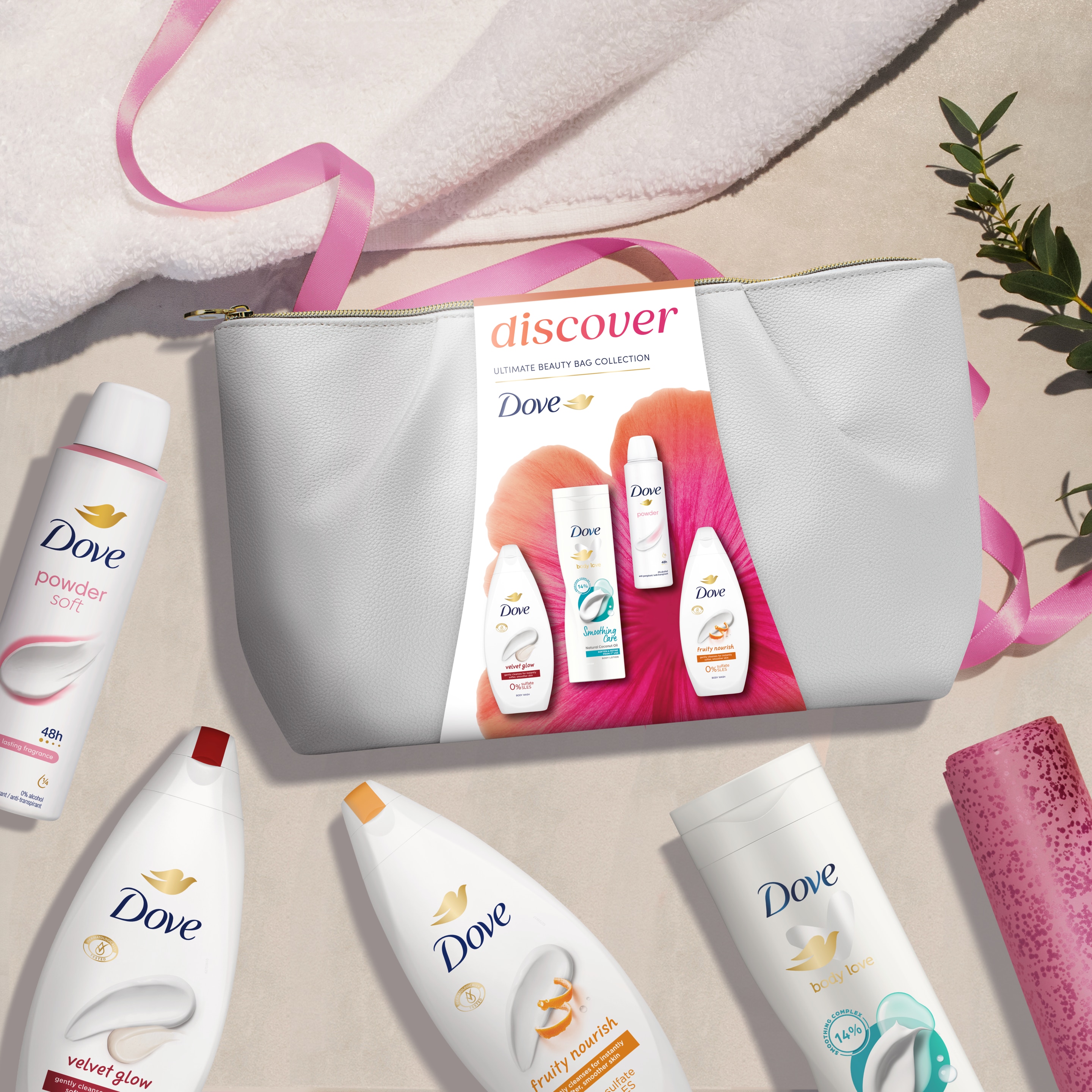 Unbranded Dove Discover Ultimate Beauty Bag Collection with two body washes, a body lotion, an anti-perspirant and a Beauty Bag Gift Set perfect gifts for her 4 piece packshot