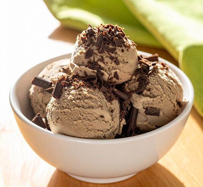 Dessert bowl with Breyers Coffee and dark chocolate shavings