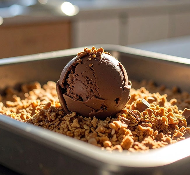 Frozen chocolate ice cream scoop being rolled in corn flakes