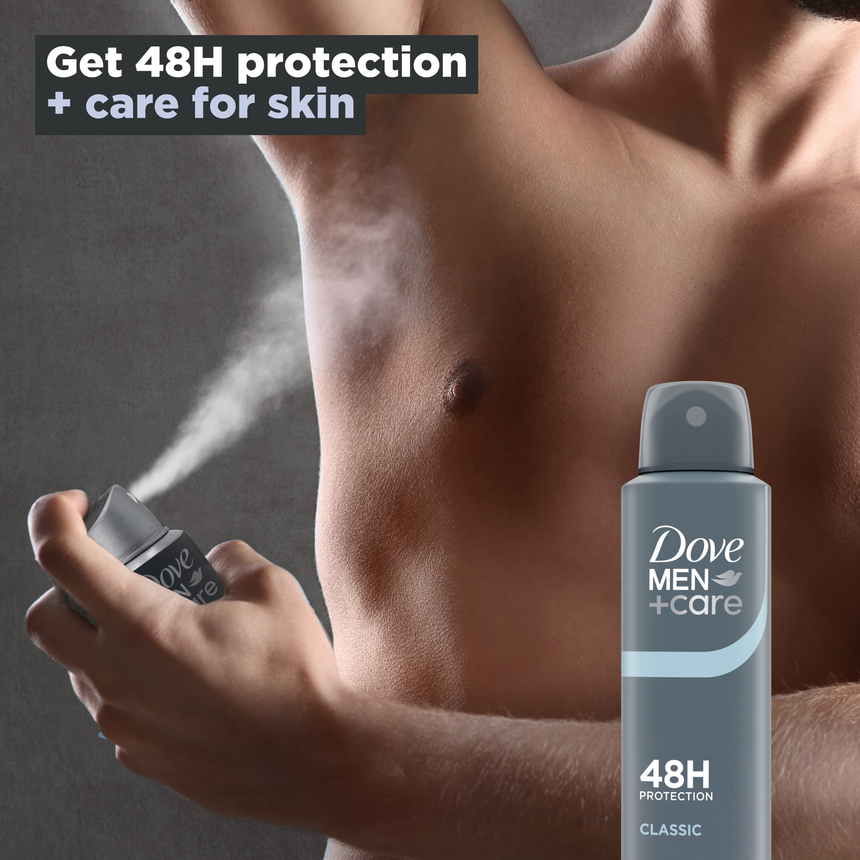 Dove Men+Care Classic Anti-Perspirant Aerosol Deodorant Spray with ¼ moisturising cream for 48 hour protection against sweat and odour 6x 150 ml packshot