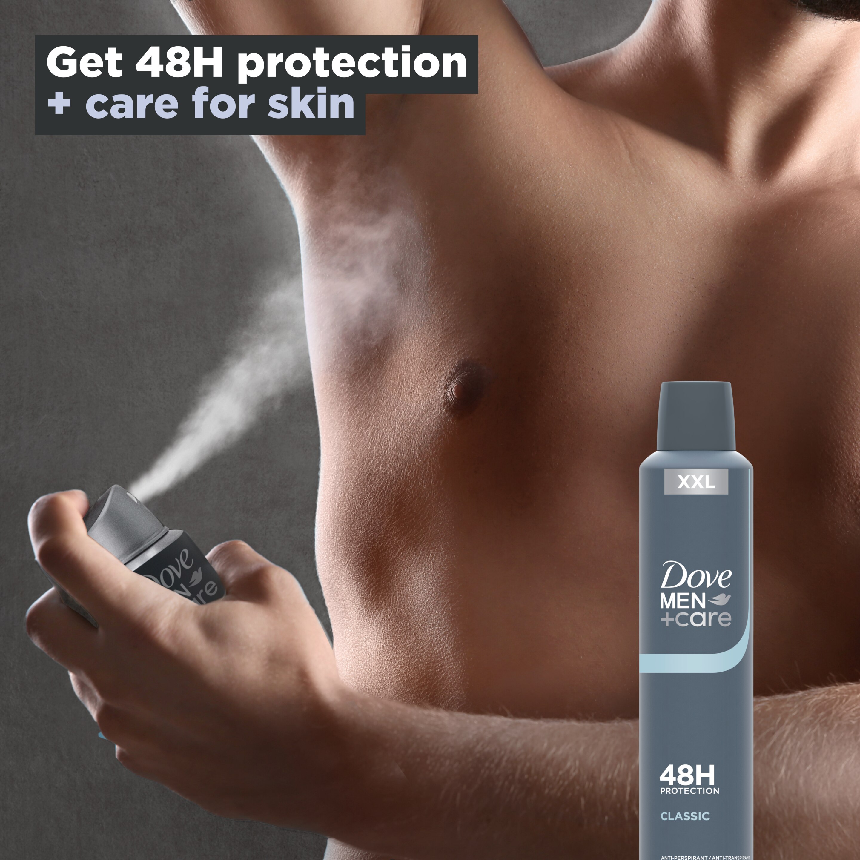 Dove Men+Care Classic XXL Deodorant Spray with ¼ moisturising cream Anti-Perspirant Aerosol for 48 hour protection against sweat and odour 300 ml packshot