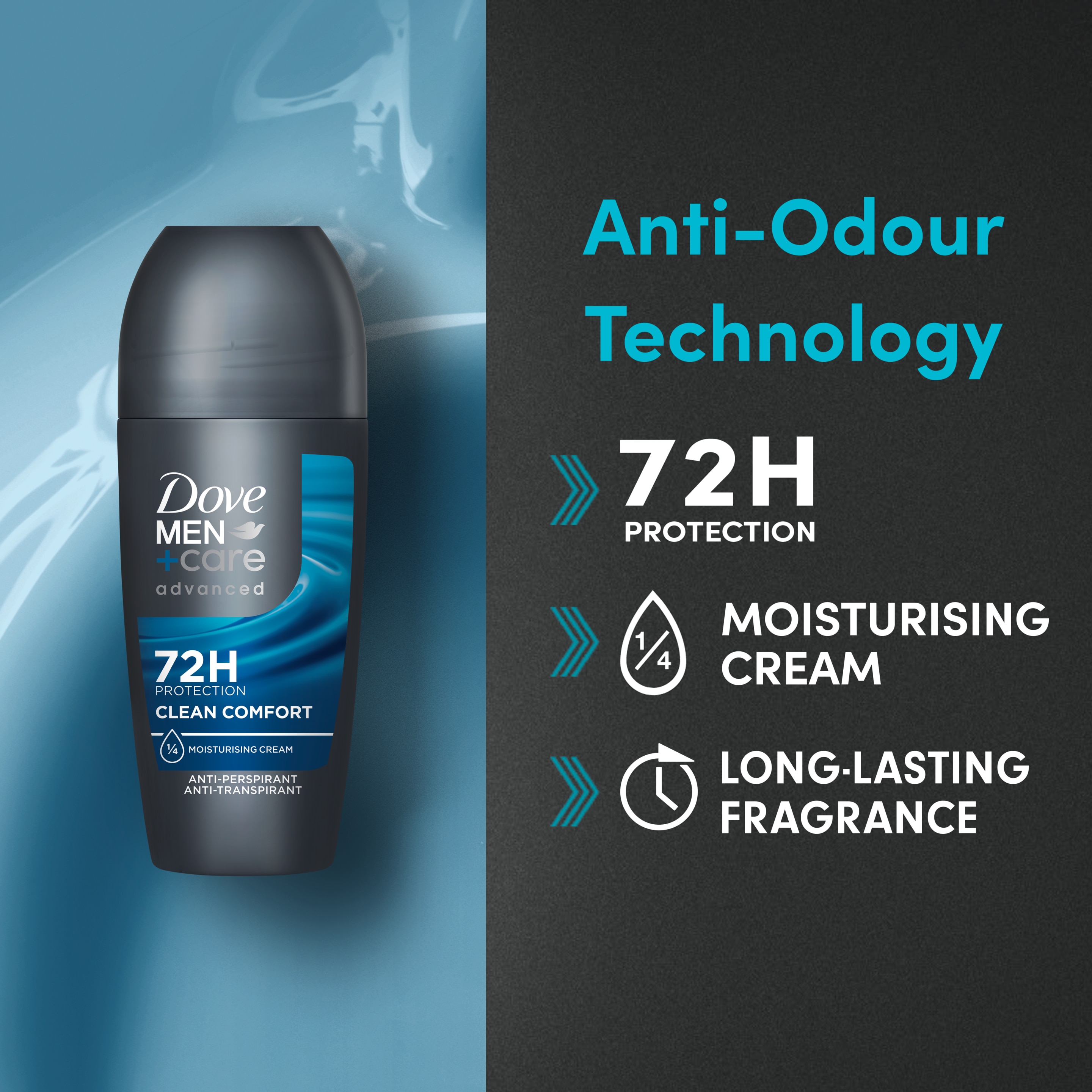 Dove Men+Care Advanced Clean Comfort Anti-Perspirant Roll On Deodorant with Anti-Odour technology & ¼ moisturising cream for 72 hour protection against sweat and odour 6x 50 ml packshot