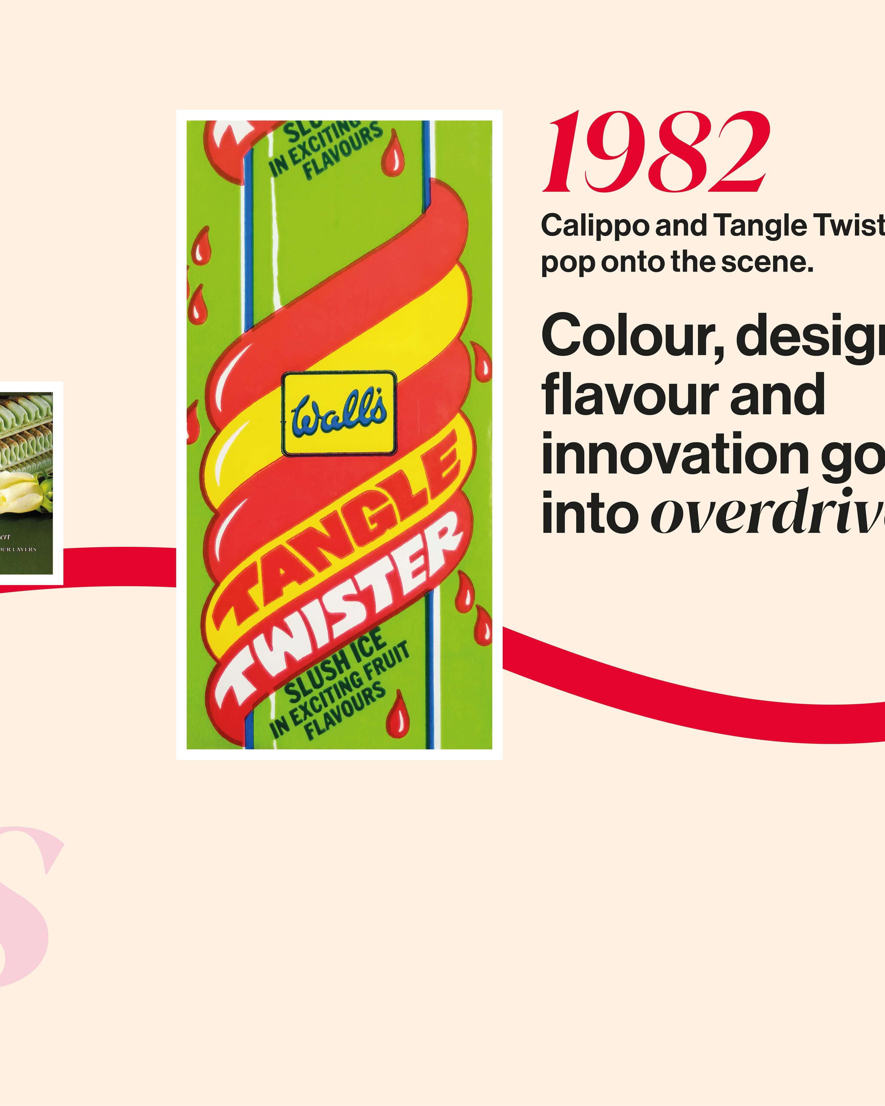 Colorful lime green and raspberry red Wall's Tangle Twister ice lolly packaging with swirled design