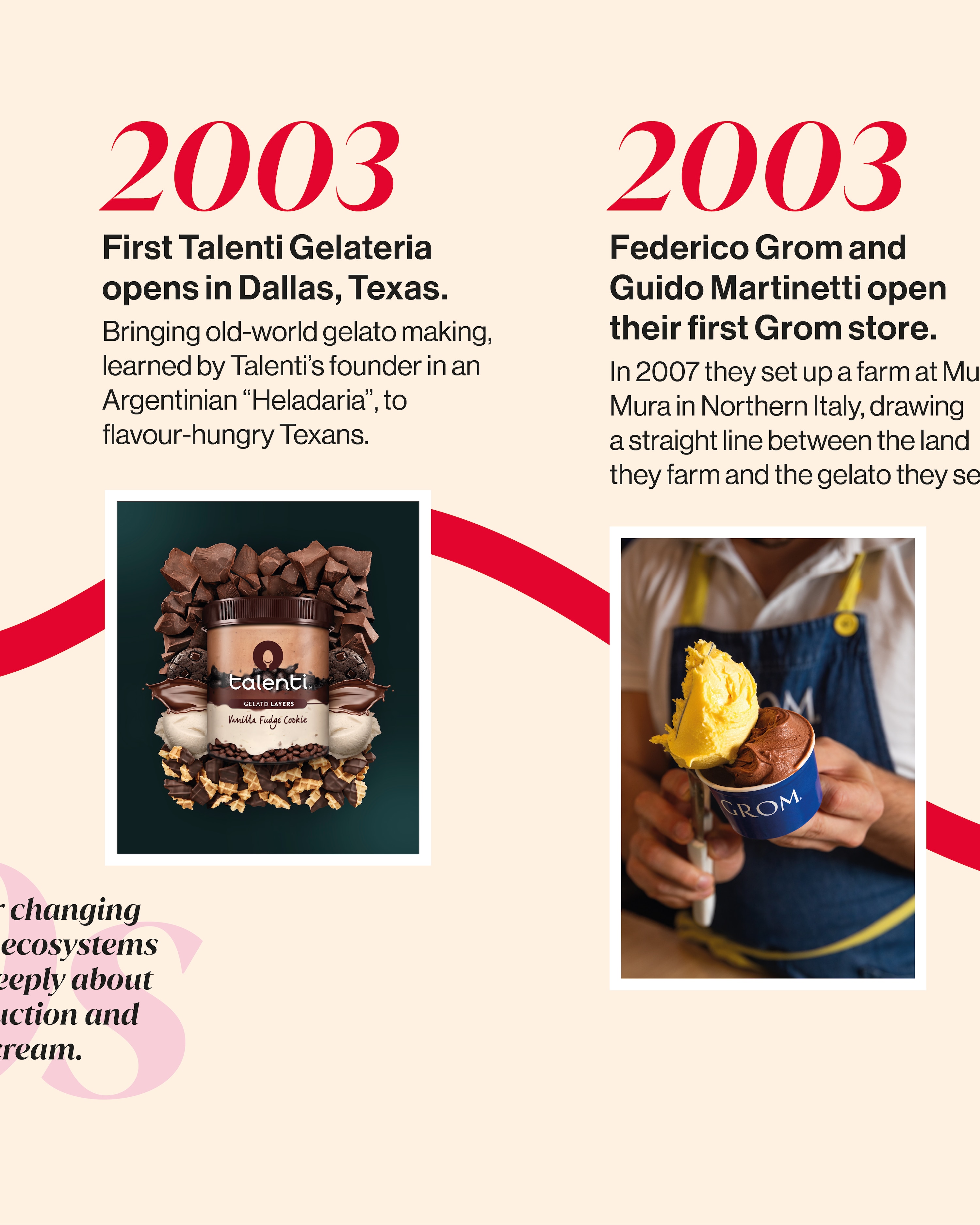 Talenti gelato packaging displaying vanilla fudge cookie flavor with chocolate pieces Person in apron holding yellow and brown gelato scoops in a cup