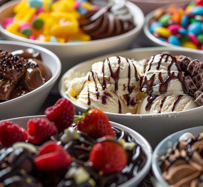 Sundae bar with ice cream and toppings.