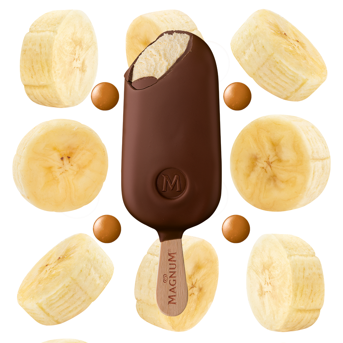 Magnum Milk Chocolate with caramel dots and banana slices in the background.