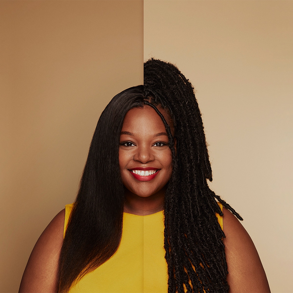 Split image of a woman smiling on one side her hair is straight and the other side her hair is in dreads